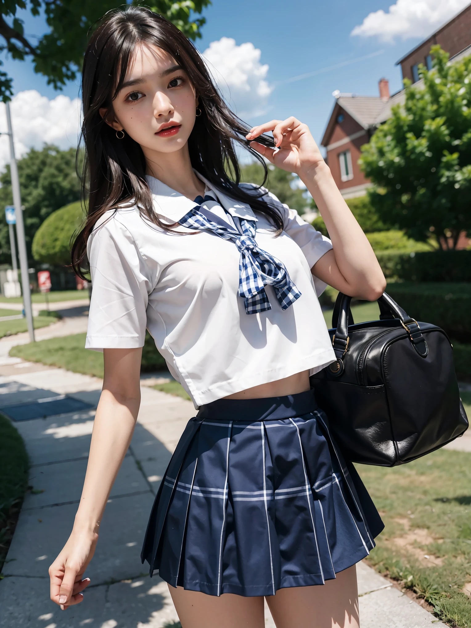 8k, Highest quality, masterpiece,Japanese junior high school girls, , Medium Hair, street, Junior High School Uniform, (mini skirt:1.3), (Lift up the skirt:1.3), Sit on a bench, From above, Staring at me, Panty shot,Lift up your skirt with your hands、