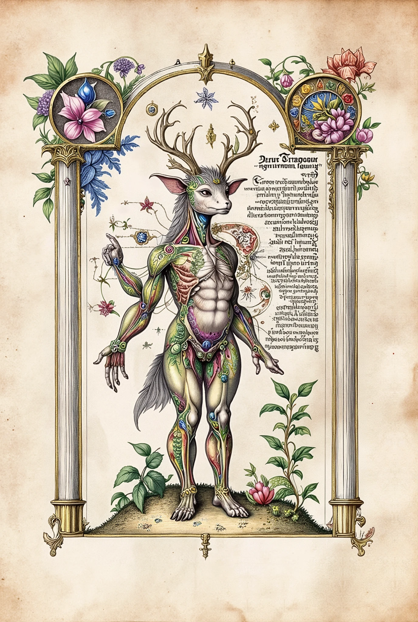 Mediaeval Illuminated manuscript style artwork, colorful ink pen linework, ((textbook manuscript page)) of labelled anatomical drawing of ((mythical fae woodland creature))