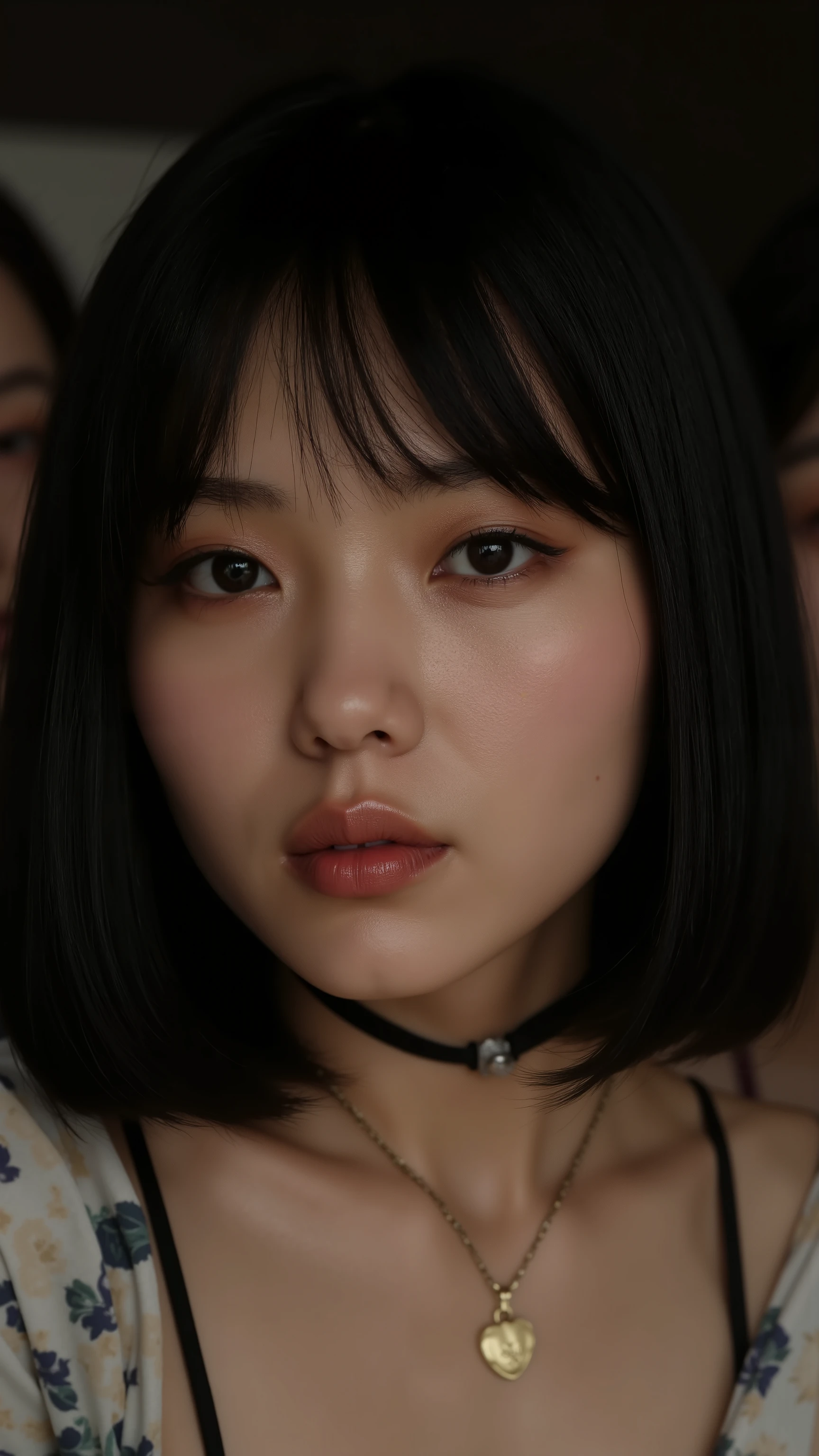 PA7_, PA7_XL-portrait-ECU , detailxl, CSPNY1, d0f _v2, with melancholic black-haired hair, lamp, plump lips, dark makeup , eyeliner , Brown eyes , gold necklaces, round face, dog collar , smiling with the eyes , smile, Teeth, Expression admired , looking for a view, anatomical asymmetry , adolescent appearance , Seductive look, looking for, young Japanese , , 3 women in the image, Japanese women