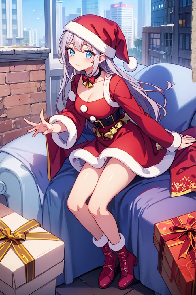 (masterpiece, 4k, best quality, highly detailed, 1girl, solo, indoors, sitting, christmas, christmas tree, santa costume, full body), bare legs, feet, barefoot, thighs, long sleeves, frown, <lora:kyouka uzen manga-lora-nochekaiser:1>, blush, <lyco:kyouka:0.7>, kyouka, bangs, hair ornament, hair between eyes, closed mouth, grey hair, santa hat, soles, foot focus, specular lighting, medium breasts, feet up