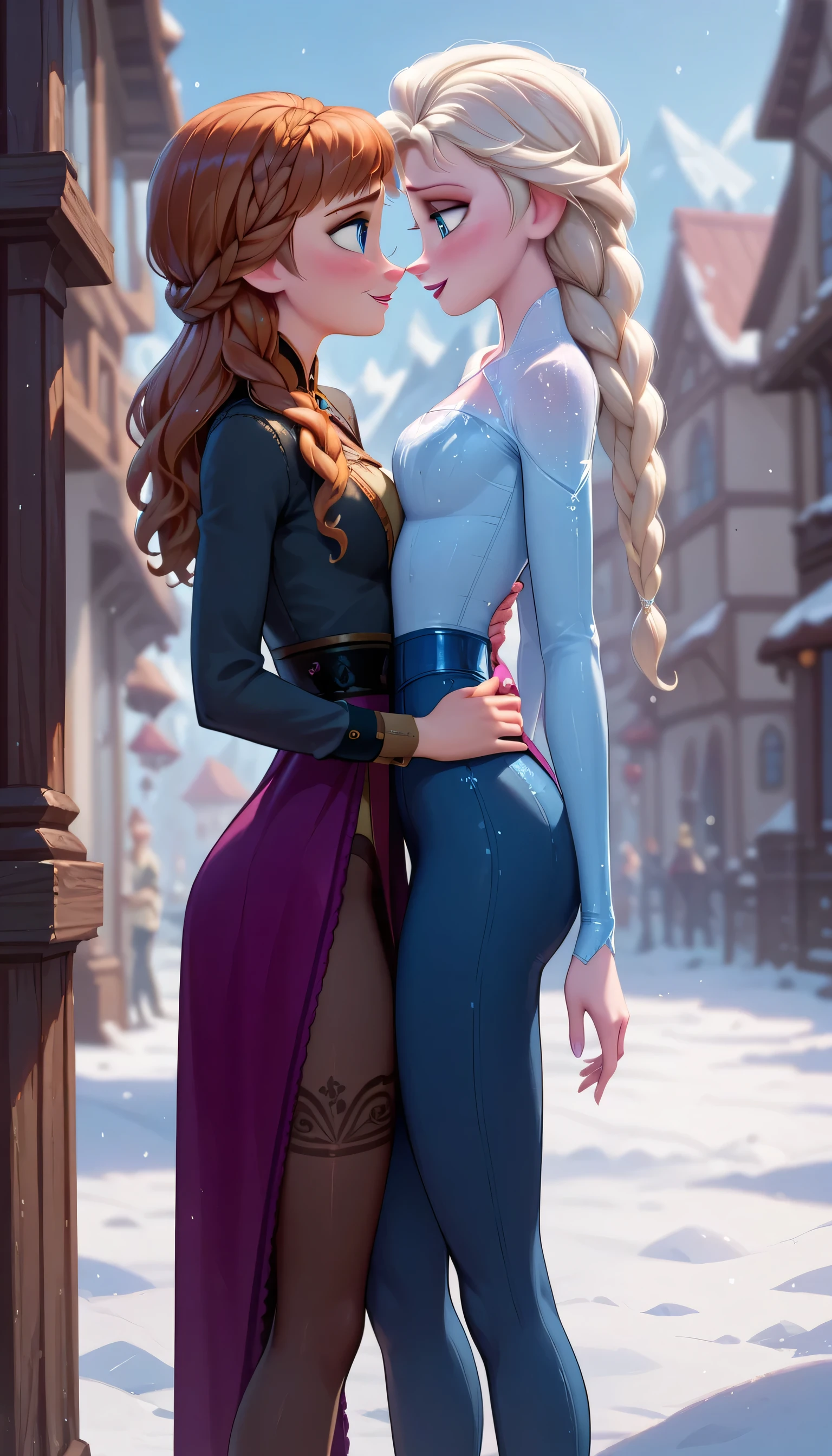 Anna and elsa looking at each other with passion, sexy leggings