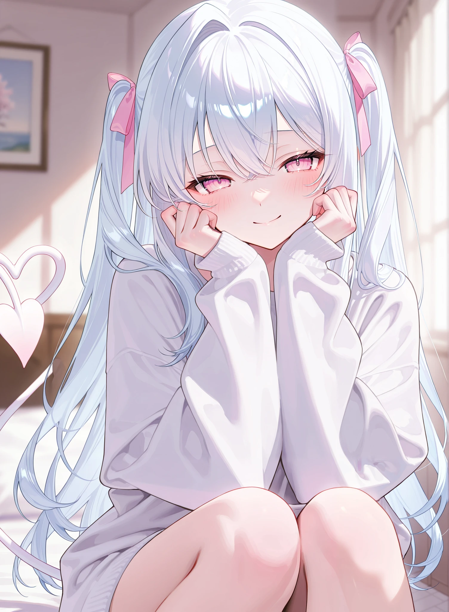 1 girl、 white hair、 pink inner color hair、Intake、 light pink eyes、Narrowed eyes 、 shy expression、 long hair、 Wave Hair、 frill、 pink ribbon 、oversized white sweatshirt 、 Moe sleeve 、indoor、frontに座っている、 smile、front、 watching here、 half up twin tail、 soft colors 、 natural light、blush、 blurry background indoors、 bright、 Masterpiece、 best image quality、Exquisite detail、 kind expression