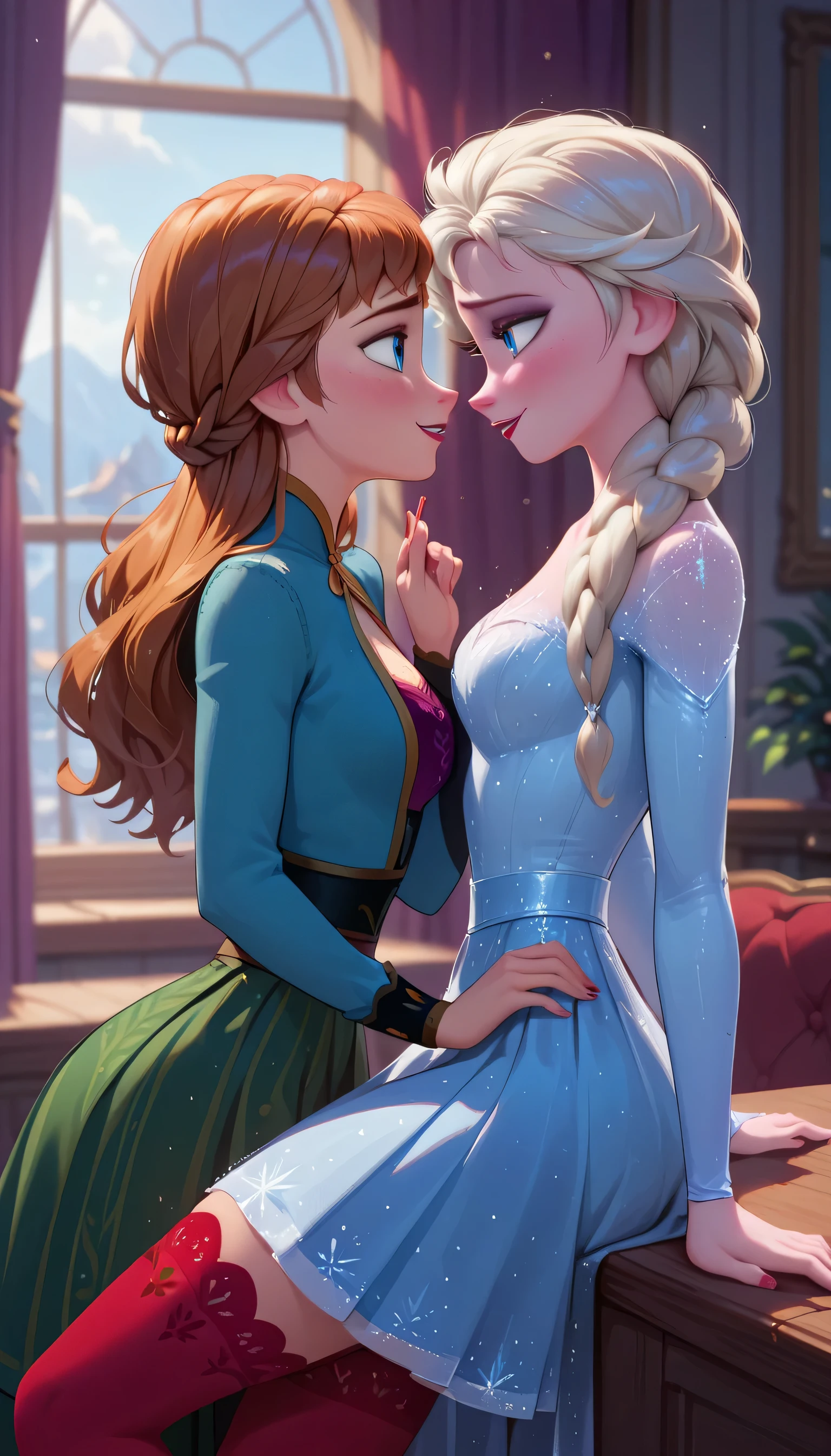 Anna and elsa looking at each other with passion, sexy skirt and red stockings