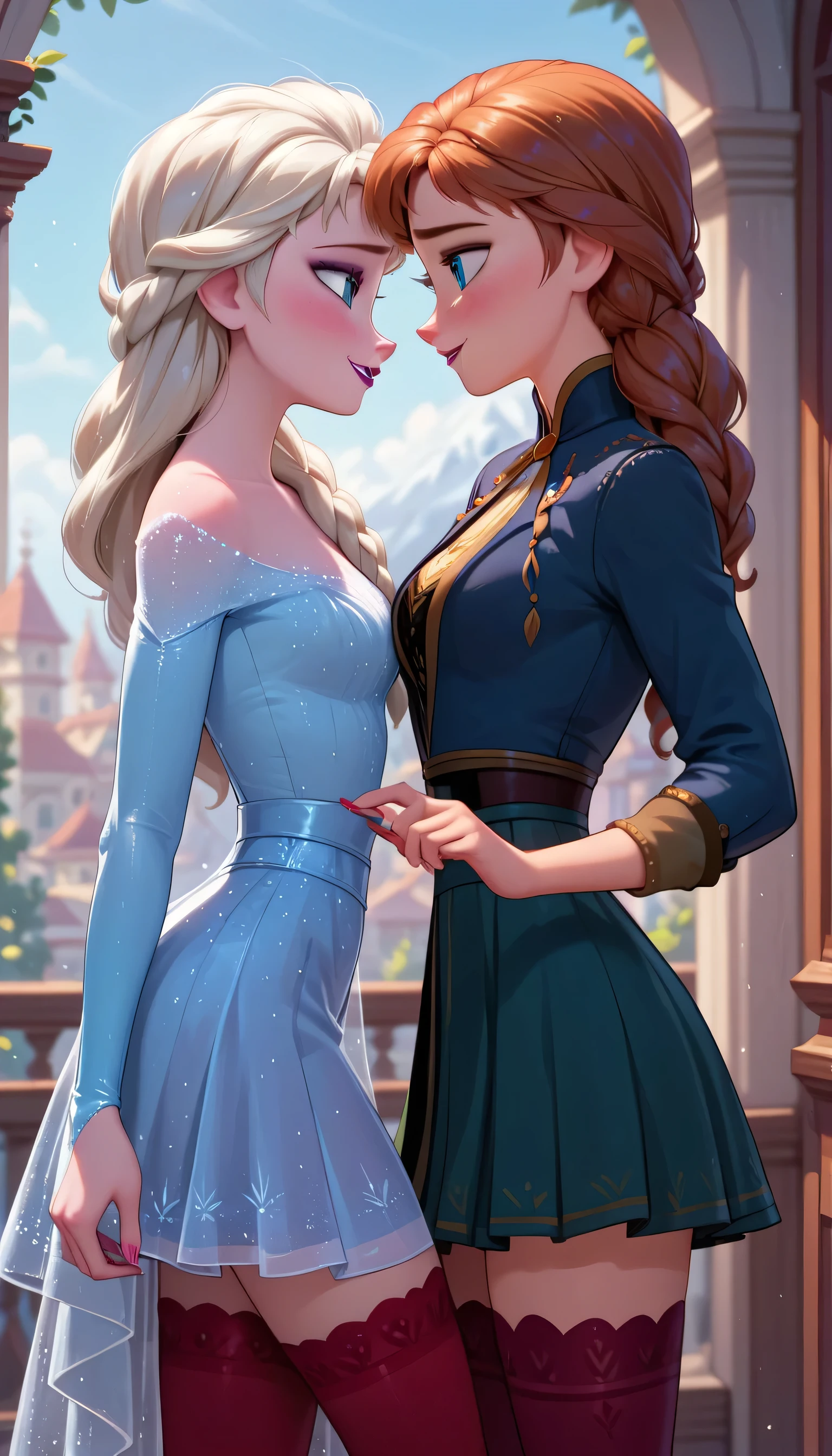 Anna and elsa looking at each other with passion, sexy skirt and red stockings