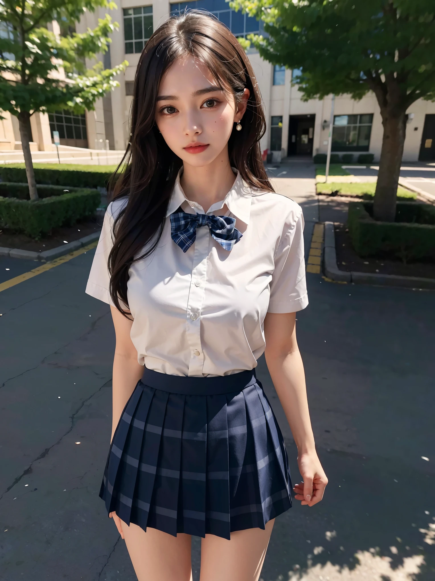 incredibly absurdres, RAW photo, extremely delicate and beautiful, masterpiece, Highest Quality, ultra high resolution, 32k, hyper realistic, ultra-detailed description, perfect anatomy, correct body, very Slim body, narrow waist, very small head, very small face, delicate facial features, very detailed eyes and face, Realistic beautiful face, Realistic beautiful eyes, tearful mole, earring, (very huge round breasts:1.2), wavy hair, hair behind ear, hair ornament, (full body shot:1.2), outdoor, (school uniform, Checked mini skirt:1.4), legs,