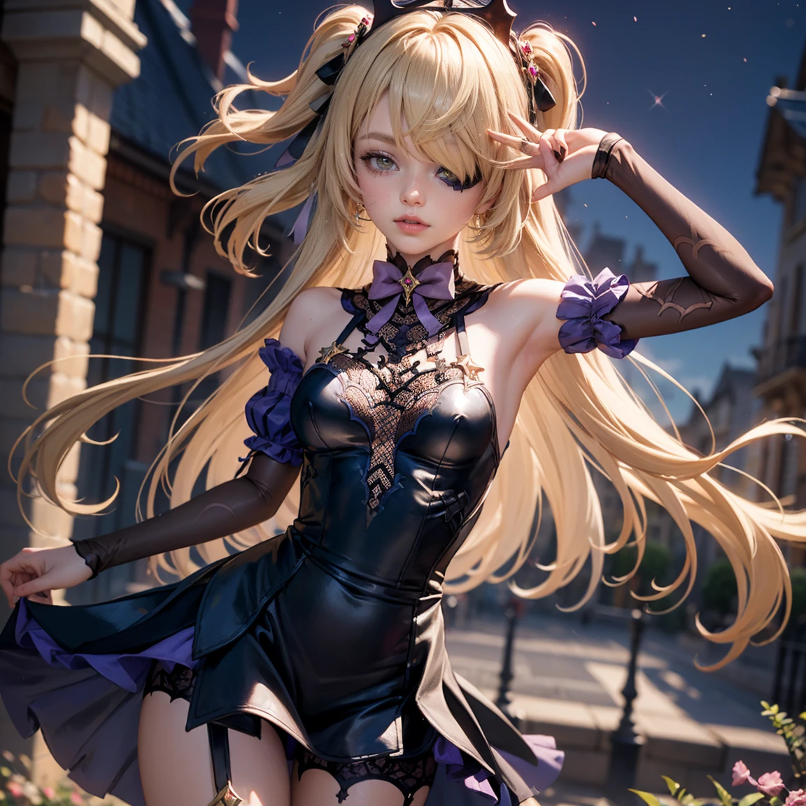 fischldef, The upper part of the body, a smile, red blush, a blond、plein air, tag, simple background, blue open sky, shorth hair, Skysky, temple, looking at the viewers, stairway, mont, moody lighting, Facing your audience,