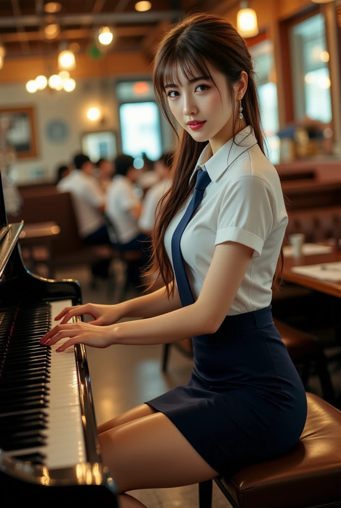 highest quality, masterpiece, Ultra-high resolution,(((Face Focus:1.6))) (Realistic:1.6), (Portrait of a man kneeling with legs apart) RAW Photos, 1 girl, 20-year-old,((A girl in high heels wearing a white blouse and a blue plaid miniskirt)),((Ponytail and hair tie)),,((Looking up at the audience)),Realistic,((background)), Image Media Chest)),((Smiling with teeth showing)),