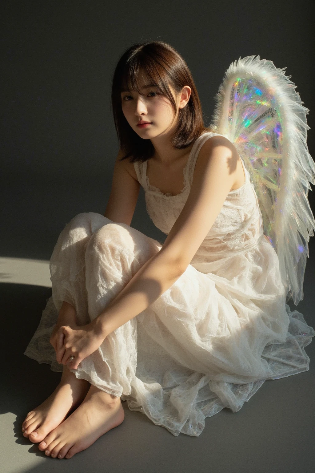 (cute indonesian angel:1.1),road,illustration,ultra-detailed,(best quality,highres:1.2),vivid colors,soft pastels,ambient lighting,fluffy white clouds,playful,A-line dress,barefoot,starry night,sparkling halo,innocent smile,delicate wings,surrounded by butterflies,light breeze,peaceful atmosphere