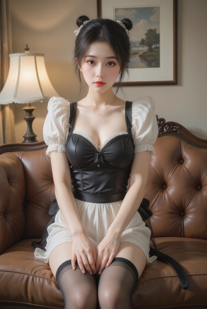 {{{Masterpiece: 1.2、64K High Resolution、UHD、HDR Graphics、ultra-detailliert、ultra-definition、A hyper-realistic: 1.2、extreme detailed face and body、realistic: 1.15、Raw photo: 1.15、Best Quality: 1.23}}}, {{{face and body with no defects、perfect anatomia、Perfect biology、Perfect physics、No extra fusion}}}, {{{Perfect beautiful body、 Perfect very beautiful little face、Super realistic: 1.37、Professional Photographer、Canon F/2.8 300mm Lens、Five fingers,、2 arms、2 legs}}}, (1 beautiful girl), ((short silver hair)), (((9th class, 18year old))), ((Very cute little round face: 1.3, Japan Extraordinary Beautiful Girl: 1.3, Very beautiful slit eyes: 1.18、Beautiful thin eyebrows、Perfect narrow very high beautiful nose、Cute red lips、very beautiful white skin、Perfect beautiful long fingers、Beautiful long legs、Beautiful nails、Natural makeup)), ((Black maid outfit with apron、short black mini skirt with ruffles,、Thigh-length stockings、Cute pumps、Cute ruffled panties)), (((FULL BODYSHOT, Sitting on the sofa、Looking away、Subject on the entire screen))), (((The face of a beautiful girl who is Japan world: 1.3)))