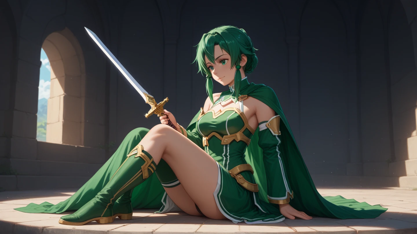 anime girl in a green armor, knights of zodiac girl, in opal armor, chest armor, roman gladiator skirt, tight skin green iron armor, spiked pauldrons, fingerless gloves, small chested armor, portrait knights of zodiac girl, armor girl, anime goddess, anime character, female anime character, saint seiya, portrait of a female anime hero, anime character, saint seiya cassiopeia armor, cassiopeia armor, iron tight armor, armored girl, full body art, yugioh artwork, beautiful, female action anime girl, 1girl, alone, black hair, short hair, (small chest), dark red eyes, zzcassiopeia erdazz, master piece, high res, 8k