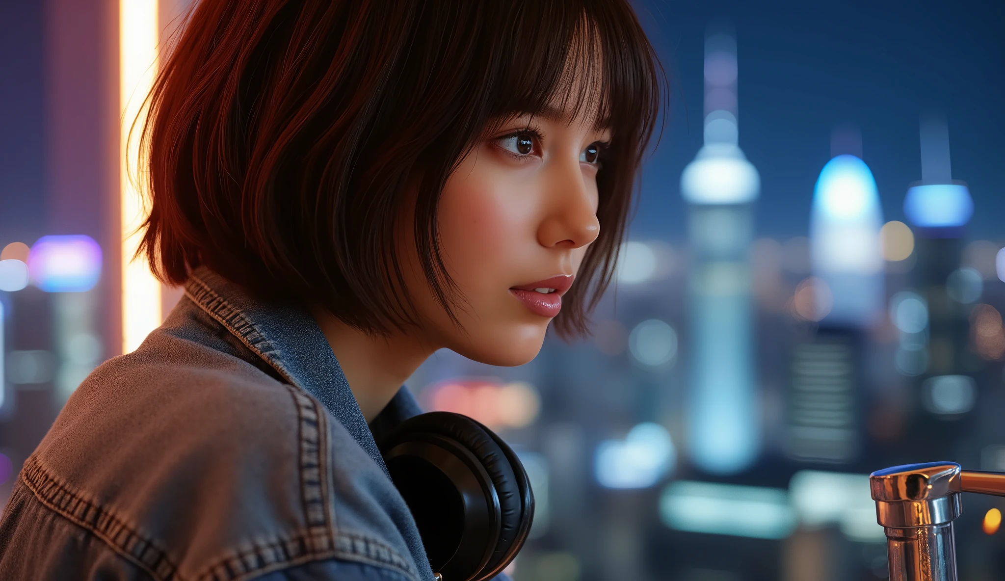 whole body、 low angle、Denim jacket、 beautiful collarbone、美しいprofile、The best photos for TikTok、 black hair、 sink、profile、golden inner color hair、 short hair、Beauty、 dynamic angles 、ヘッドフォンをしているBeauty、Night city background with neon lights