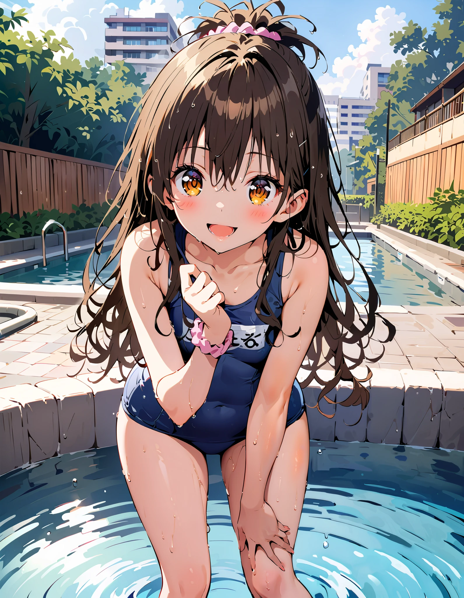 to follow, Yuki mandarin orange, Alone, brown eyes, brown hair, hair scrunchy, long hair, pink scrunchies, scrunchie , smile,blush, open your mouth, long hair, tan, school swimsuit,Bare legs, wet swimsuit , wet skin, wet hair, small tits, standing,whole bodyがイラストに入るように,
break outdoors, pool,
break looking at viewer,whole body,
break ( Masterpiece:1.2), top quality , kampala, Unity 8k Wallpaper,(shape:0.8),( fine, beautiful eyes :1.6),It's a person ,whole body写真,CG Details , ( perfect hands, Complete Anatomy),