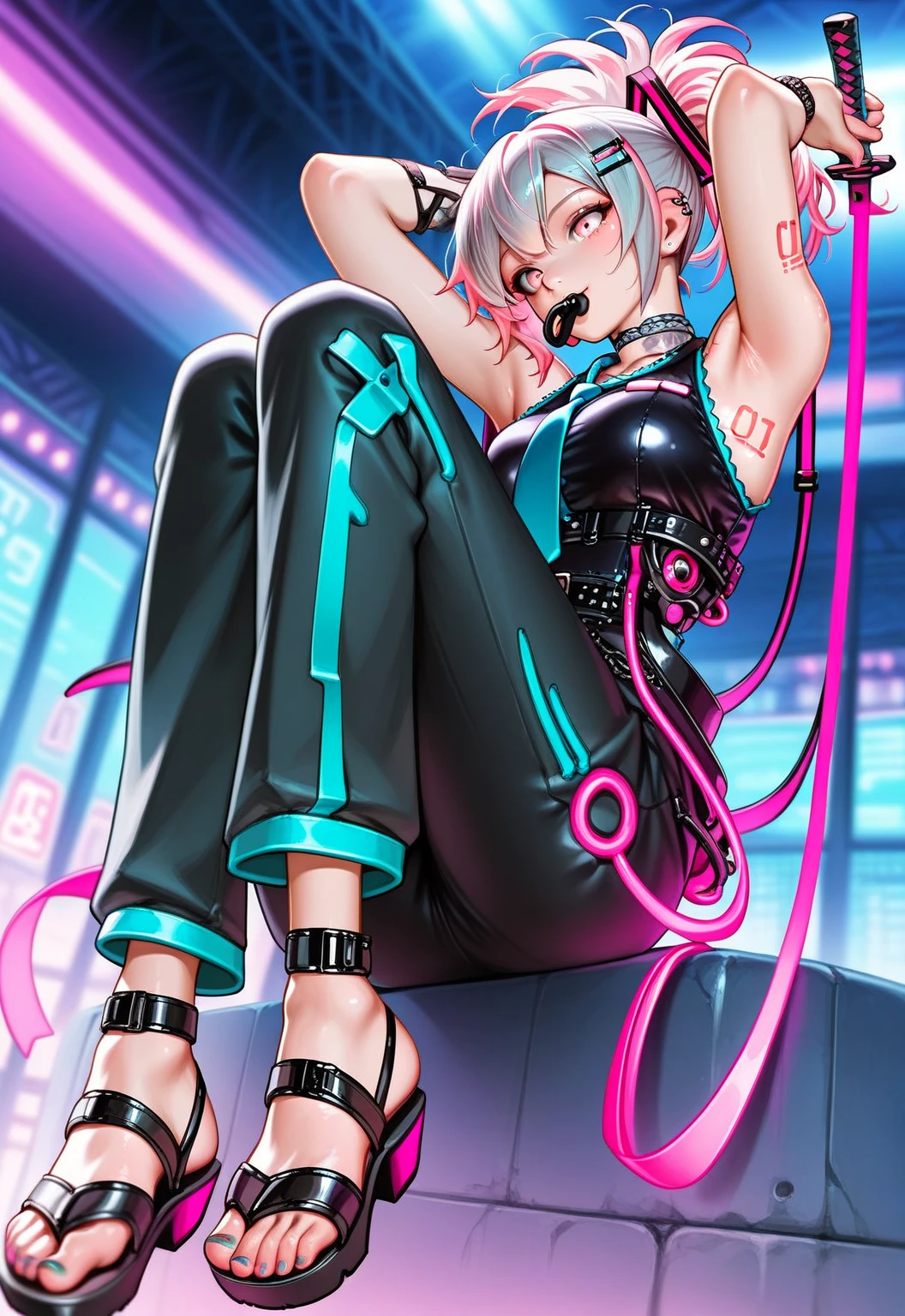 masterpiece, best quality, highres, Evelynn1, 1girl, solo, gray hair, k/da \(league of legends\), multicolored hair, yellow eyes, stylish hair, large breasts, busty body, micro bikini, smile, legs wide spread
