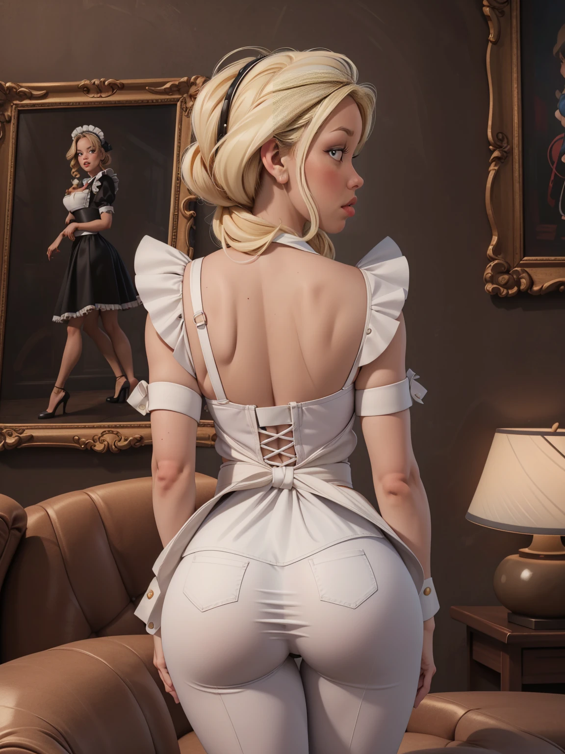 ((masterpiece,best quality,detailed)), 4k,8k,higres, 1girl, solo, elaina, majo no tabitabi, white hair, ahoge, very long hair, braid, blue eyes, blush,red high heel,crystal earrings,collar,(looking at viewer, backless black dress, ass-up head-down:1.3) ,lying on stomach,bending over, medium breasts, white thighhighs, thighs, on bed, grabbing own ass,