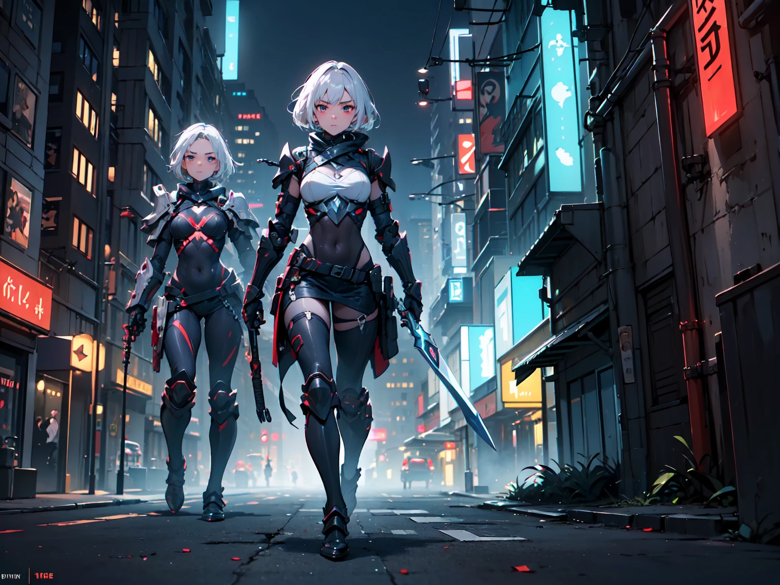 anime girl with sword and armor in a city with lights, white haired deity, from arknights, best anime 4k konachan wallpaper, very beautiful cyberpunk samurai, anime style 4 k, anime wallpaper 4 k, anime wallpaper 4k, 4k anime wallpaper, anime epic artwork, anime art wallpaper 4 k, anime art wallpaper 4k, advanced anime digital art