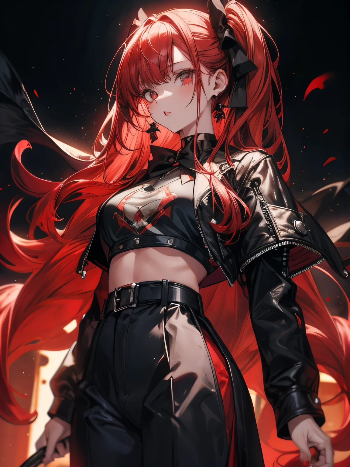 (masterpiece, best quality) an adult woman with very long red hair, ((black feathers)), ((close)), neckline, ((hood)), black ribbons, red leather, (profile picture), black bows, bodysuit, cold look, queen, good anatomy, correct proportions, torn clothes, queen, yellow eyes, serious, mysterious appearance, blood, emotionless, straight bangs, very long red hair, evil, (yellow eyes), gothic, medium chest, ((show from chest to head)), cinematics, color oil painting, solo, cinematic lighting, extremely detailed face, finely detailed face, beautiful face, beautiful eyes, perfect lighting, depth of field, realistic proportions, good anatomy