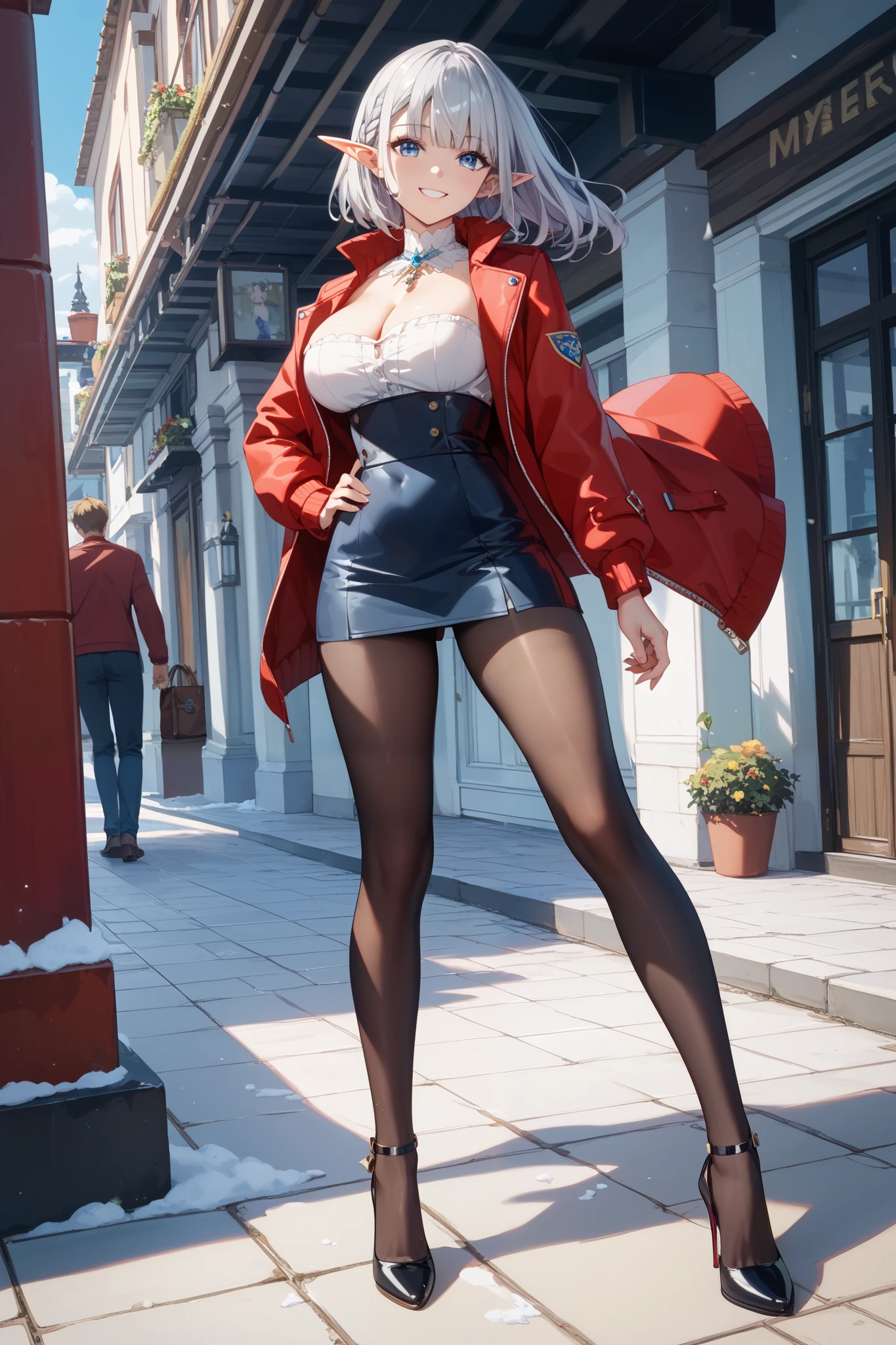 1girl, elf, pointy ears, tan body, tanned, tomboy, mature female, curvy, voluptuous, plump, white hair, messy hair, short hair, pink eyes, black sweater, croptop, red jacket, shorts, black thigh highs, park, day, full body, seductive smile, cruel smile, angled view, looking at viewer,