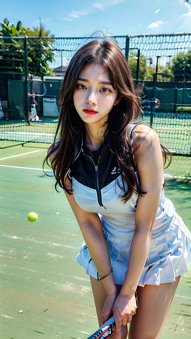 absurdres, RAW photo, extremely delicate and beautiful, masterpiece, Best Quality, ultra high resolution, 32k, hyperrealistic, ultra-detailed, in her 20s, delicate facial features, tearful mole, earring, medium breasts, full body shot, shorter middle hair, black hair, ((tennis uniform)), shirt, shorts,