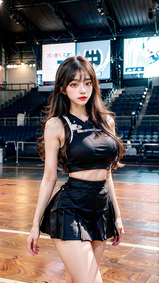 beautiful female k-pop idol, gigantic breasts, huge cleavage, her face is visible, close-up portrait, shot on sony a1, 85mm F/1. 4 ISO 100, medium format, 45 megapixel, studio lighting, softbox, high shutter speed flash photography, award-winning photograph with golden ratio composition, look at viewer