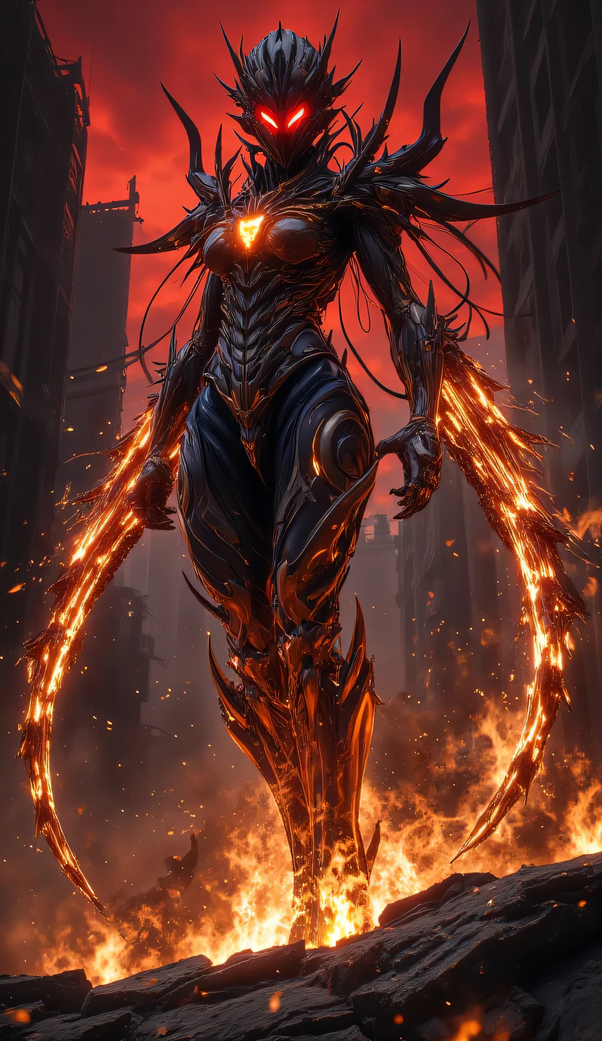 (best quality,4k,8k,highres,masterpiece:1.2),ultra-detailed,(realistic,photorealistic,photo-realistic:1.37),lava demon queen,demonic presence,fiery,glowing eyes,long flowing hair made of molten lava,sharp fangs and horns,volcanic cave,smoke and sparks emanating from her body,ominous atmosphere,shadows dancing on the walls,hot red and orange color scheme,dynamic lighting casting eerie shadows,fluid and realistic movement of the lava,queenly posture and regal aura,destructive power,commanding presence,molten throne,Satanic symbols,inspiring fear and awe,contrasting cool tones to highlight the fiery character,cracked and burning ground,portraying the strength and dominance of the lava demon queen.