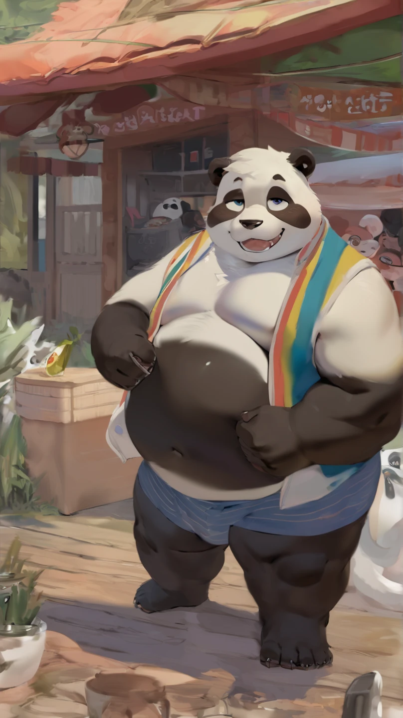 (Masterpiece), (best quality: 1.0), (ultra high res:1.0), Furry, Panda, large woman, nsfw, public, large lips, licking lips, fat, fatfur, large breasts, micro bikini, overweight, prayer beads, necklace, black hair, panda markings, obese, smug, black lipstick, sunglasses, hyper, hyper breasts, skimpy outfit, overweight, thick bottom lip, milf, gold bikini, in style of gillpanda