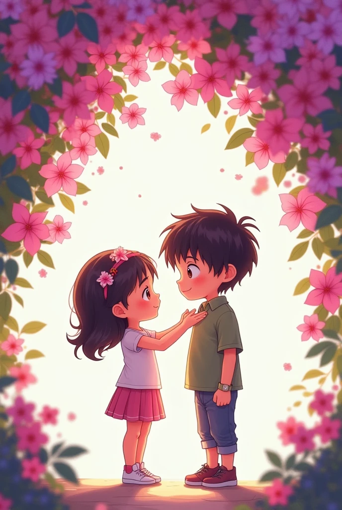 Create a manga for two chibi characters, A black-haired man and woman are holding hands