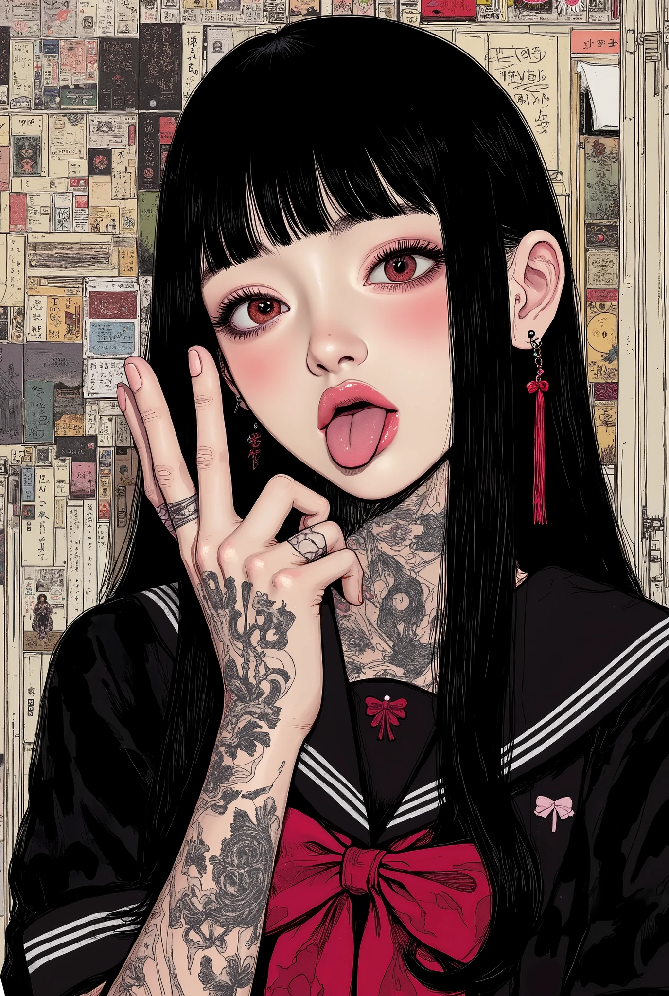 beautiful detailed eyes,Highest Image Quality,best quality ,Ultra-high definition,detailed face, beautiful face ,fuck sign,(fuck gesture),tongue out,(japanse tattoo,irezumi),depression,woman,turime,black hair,red cheeks,pink lips,long straight hair ,Bob,hime cut, long hair, mole, mole under mouth,Japanese high school black sailor uniform with mini black skirt, red ribbon,(crazy), ,exquisite digital illustration,style of Aberdeen Bestiary,CreepyCute