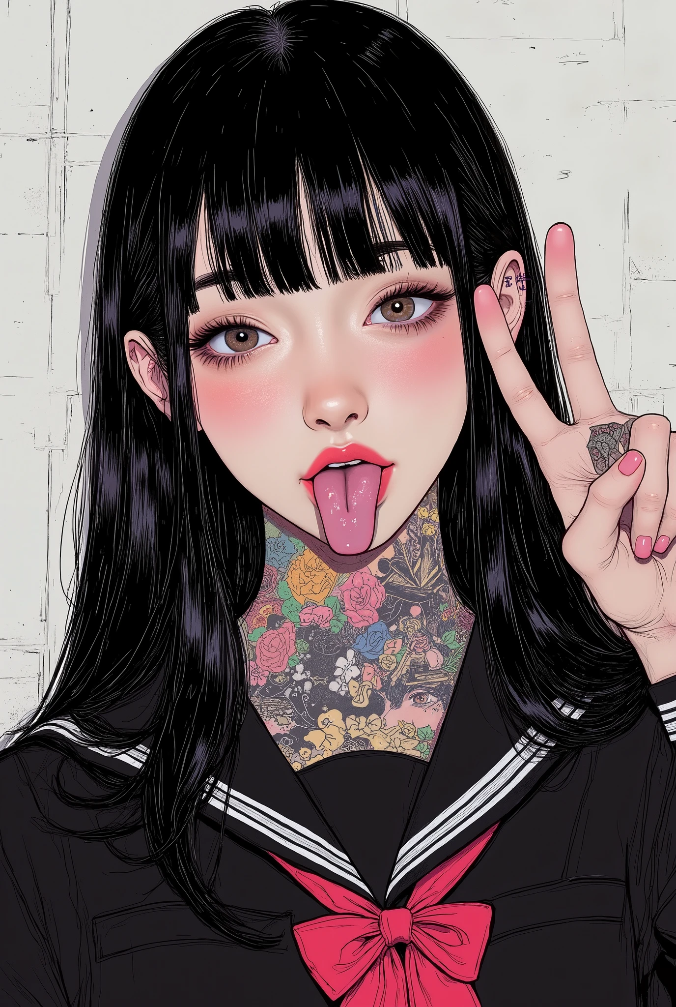 beautiful detailed eyes,Highest Image Quality,best quality ,Ultra-high definition,detailed face, beautiful face ,fuck sign,(fuck gesture),tongue out,(japanse tattoo,irezumi),depression,woman,turime,black hair,red cheeks,pink lips,long straight hair ,Bob,hime cut, long hair, mole, mole under mouth,Japanese high school black sailor uniform with mini black skirt, red ribbon,(crazy),　　,exquisite digital illustration,style of Aberdeen Bestiary,CreepyCute
