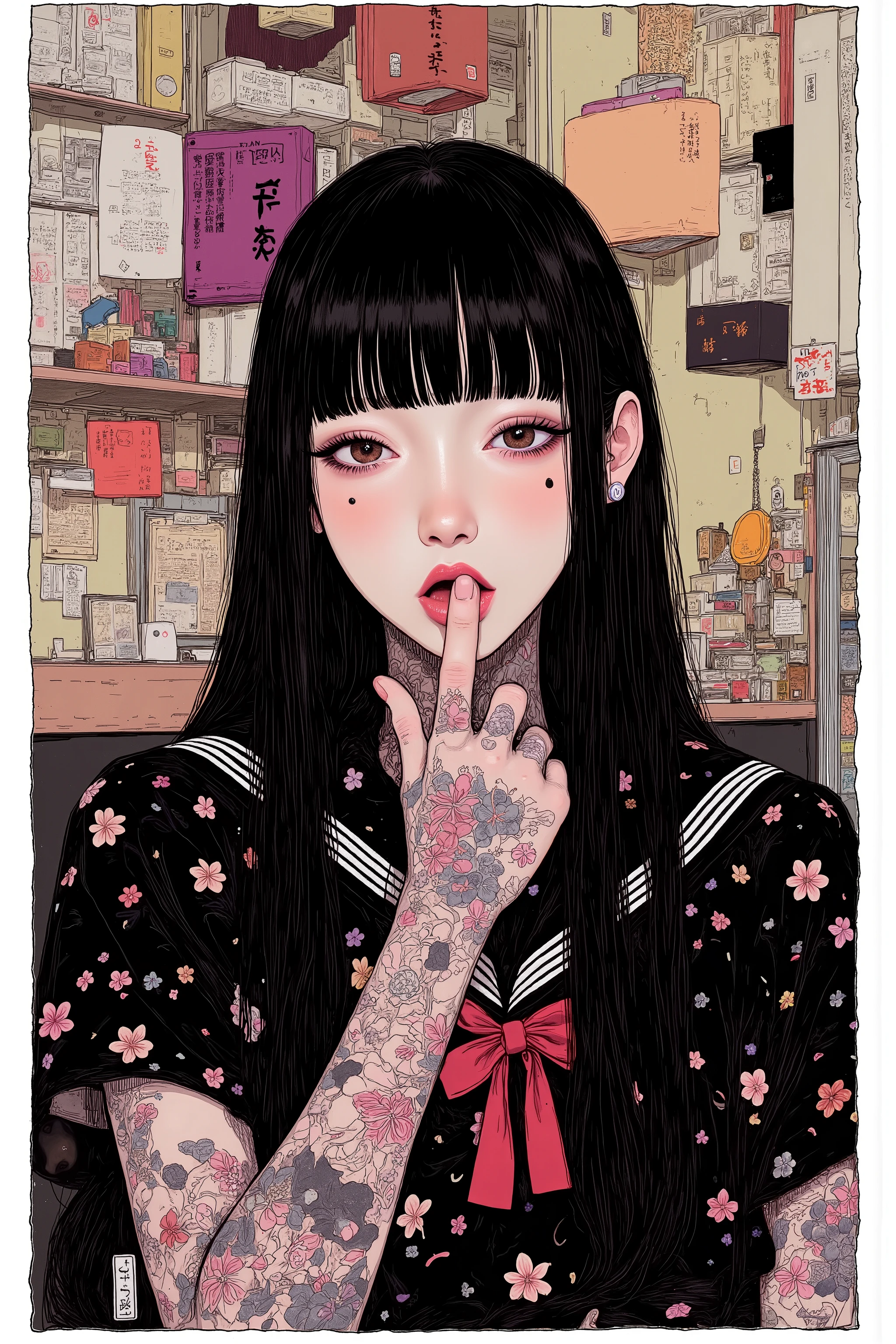 beautiful detailed eyes,Highest Image Quality,best quality ,Ultra-high definition,detailed face, beautiful face ,upper body,((middle finger,fuck gesture:1.5)),(open mouth,tongue out:1.5),(japanse tattoo,irezumi),depression,woman,turime,one eye closed,black hair,red cheeks,pink lips,long straight hair ,Bob,hime cut, long hair, mole, mole under mouth,Japanese high school black sailor uniform with mini black skirt, red ribbon,(crazy), ,exquisite digital illustration,style of Aberdeen Bestiary,CreepyCute