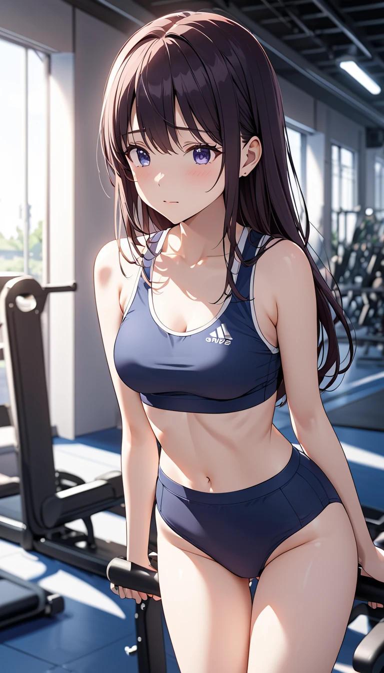 (Hands folded behind your back)、Beautiful breasts、Black Hair、Armpits are visible、Attractive breasts、Beautiful and attractive anime woman, Enchanting anime girl,Slippery、Iris、beautiful girl、、Quiet、Inconspicuous、The private parts are visible、One leg is raised wide up、Sports bra、Extremely small breasts、10 years old、Young、Shortcuts、sports gym、spats