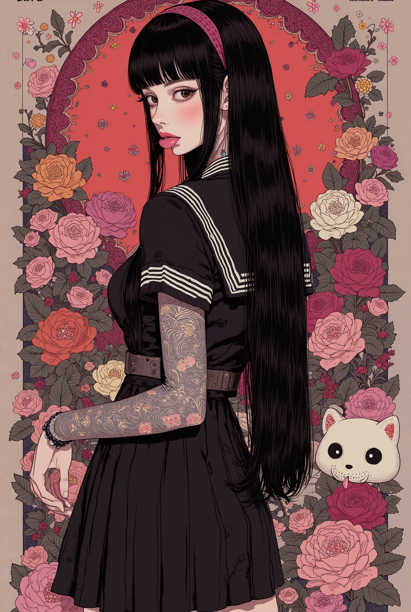 beautiful detailed eyes,Highest Image Quality,best quality ,Ultra-high definition,detailed face, beautiful face ,upper body,looking at viewer,(open mouth,tongue out:1.5),(japanse traditional tattoo,irezumifull traditional Japanese back tattoo,),depression,woman,turime,one eye closed,black hair,red cheeks,pink lips,long straight hair ,Bob,hime cut, long hair, mole, mole under mouth,Japanese high school black sailor uniform with mini black skirt, red ribbon,punk girl,off shoulder,back view,japanese background, ,exquisite digital illustration,CreepyCute