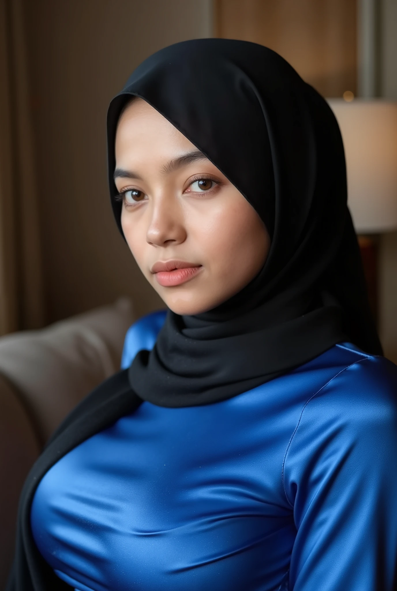 malaysian lady 18 years old, pale face, show breast,((hijab)) wear hijab, natural, no make up, detailed on face, blue tight dress, very tight dress, realistic photo, serious face, model, hotel room, full body, big breast, hijab, sitting on sofa, ultra big breast, exotic skin, potrait, low light, dark, face front