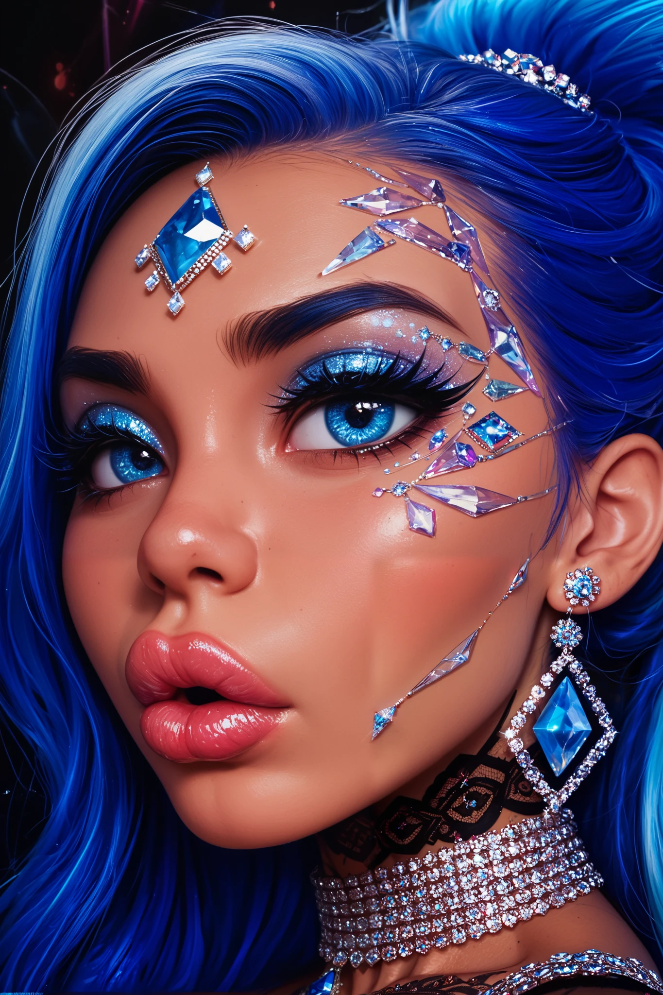An artistic depiction of a girl with big lips and big eyes, bigger eyes, bigger lips, plump lips, long eyelashes, wearing expensive jewelery. The style is a blend of surrealism and pop art, with DARK colors and VERY exaggerated features. set against a dynamic abstract background of broken crystals. The artwork is inspired by artists like todd white, rendered in high detail with bold outlines and vivid contrasts. the subject has light blue eyes, with neon blue hair in a high pony tail. she is wearing heavy eye liner. half of her face is made of diamond.