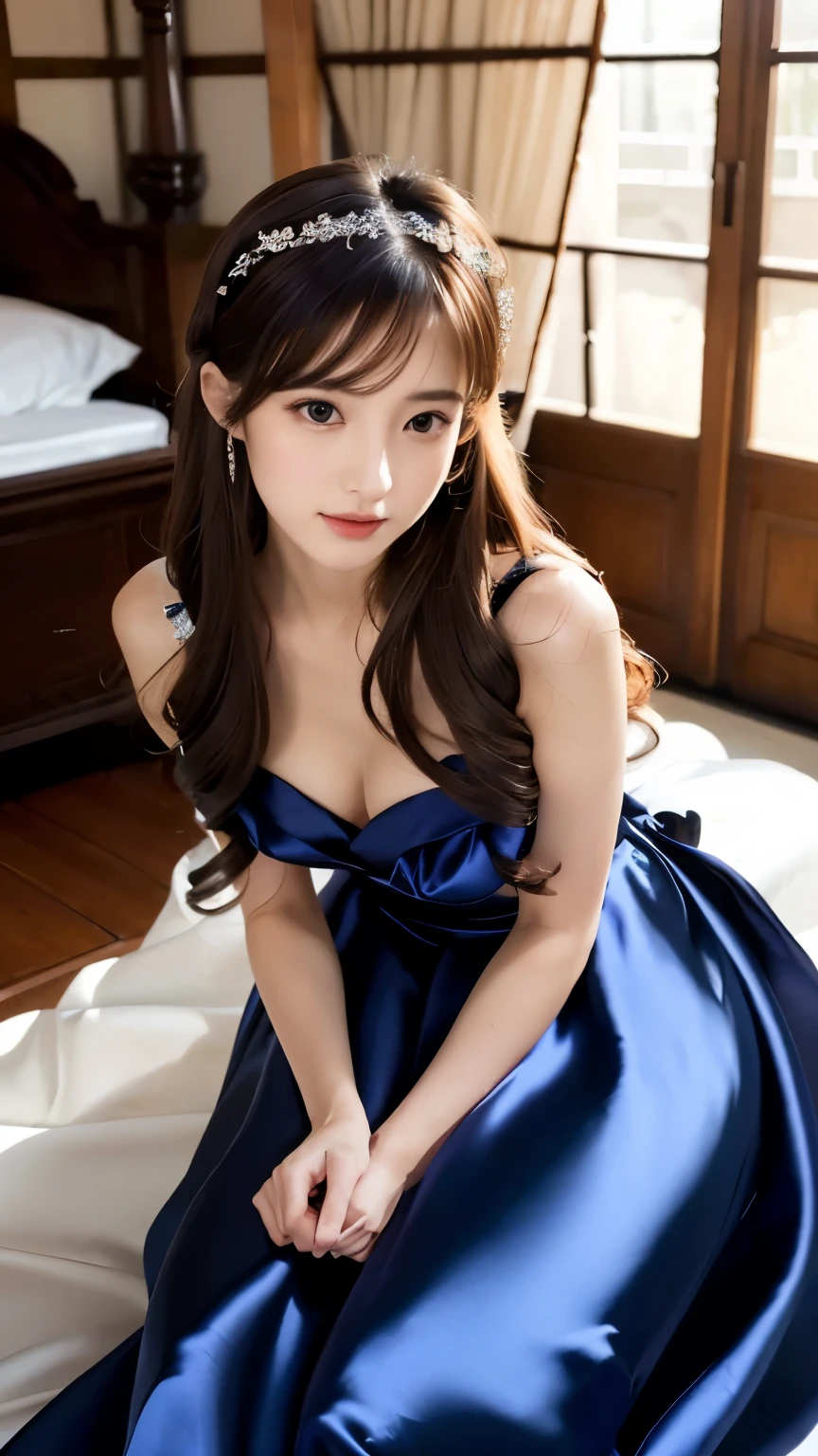 It has many layers of ruffles、Gothic Dress、She is wearing a long skirt dress with super detailed, super high definition, flashy and extravagant layers of frills., Highest quality, masterpiece, Ultra-high resolution, (Realistic:1.4), RAW Photos, One Girl, Off the shoulder, In the Dark, Spotlight light, Deep Shadow, Moderate, whole body, 20-year-old, Cute face, Open your mouth、Look at this and laugh、smile、Cute pose