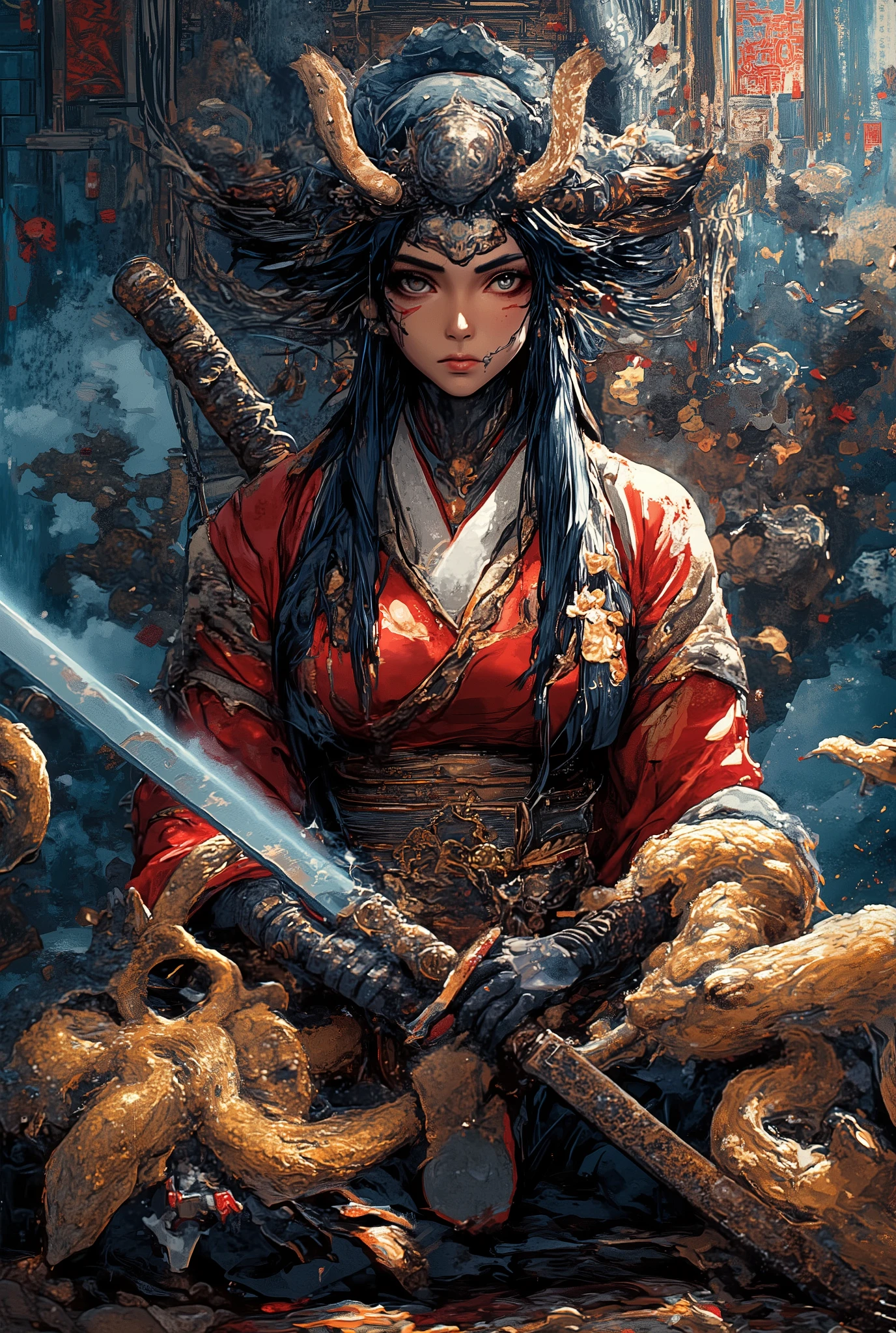 An oni girl with two horns , fierce in a traditional Japanese sitting position , wearing Chinese clothes , wielding a sword at the audience , emphasizing the perspective of the audience , a 3D rendering masterpiece with digital art techniques, Chinese house background , gold snake ornament , pallette color , Japanese art, masterpiece, red shirt with gold ornament , nine-tailed ,