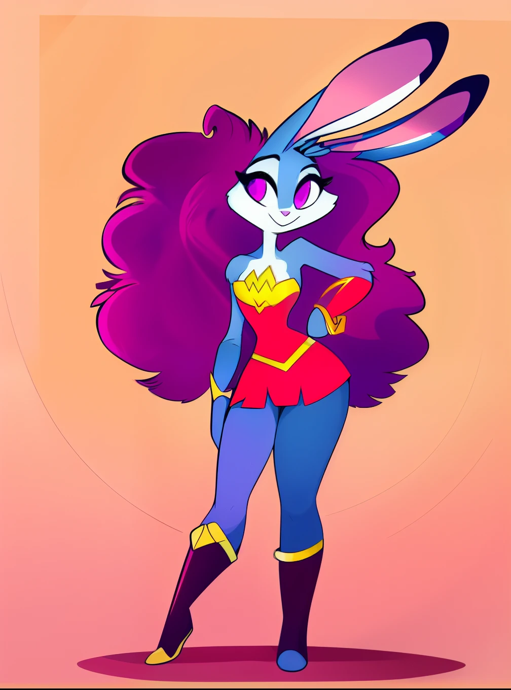 Character: * The image depicts a young female rabbit character named Polibius. * She has long, floppy pink ears and a fluffy pink tail. *
Her fur is a light pink color. * Big purple eyes * Amora Wonder Woman like outfit. Full body view. Standing, by vivzmind, (best quality, masterpiece:1), detailed,