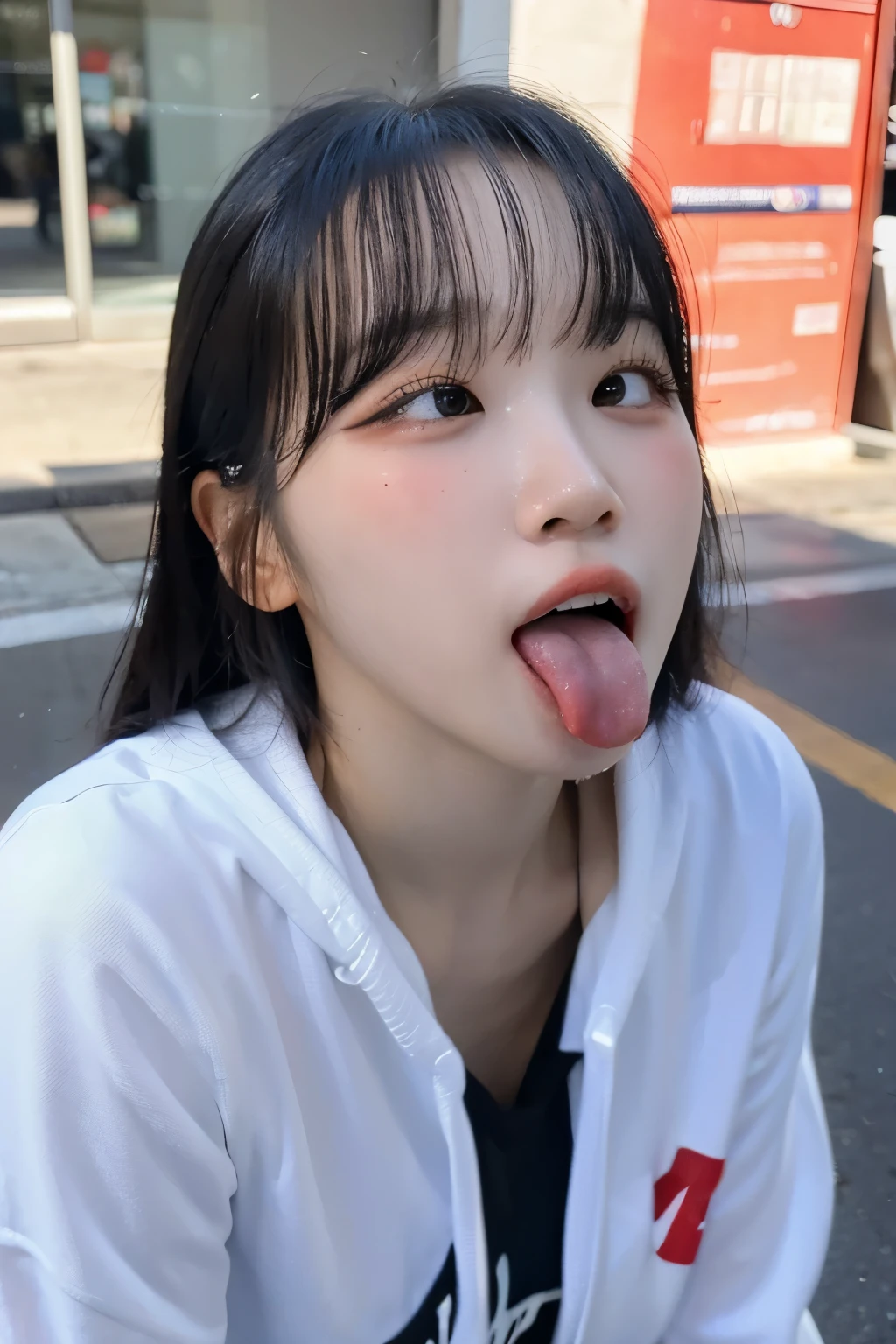 one woman, Korean idol, anguished face , (She opens her mouth wide:1.6), furrows are between her eyebrows, (POV:1.2), composition looking down on her, on the street, Close-up of face , masterpiece, highres, high-resolution, 8k,8k portrait , realistic, RAW photo, real person, portrait photography, photo realistic, detailed skin, (best quality, Ultra detailed: 1.2),