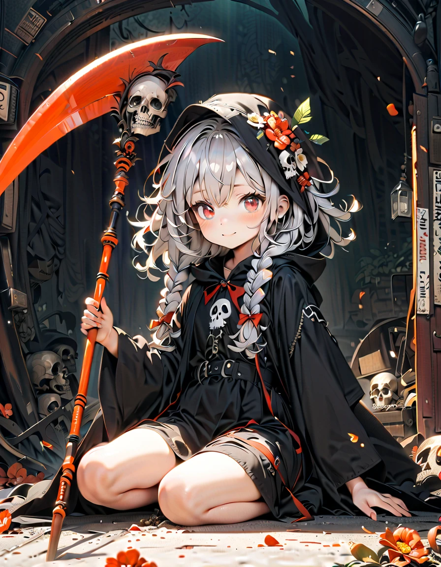 solo,1female\(grim reaper,cute,kawaii,age of 10,hair color white,braid hair,messy hair,eye color dark,big eyes,pale white skin,big smile,enjoy,full body,wearing Grim Reaper's black Robe,(black hood),holding scythe,skip,flower hair ornament,white hair,(body transparent:0.8)\),background\((black sky:1.5),skulls at ground,withered flowers all over the ground,red water\), BREAK ,quality\(8k,wallpaper of extremely detailed CG unit, masterpiece,high resolution,top-quality,top-quality real texture skin,hyper realisitic,increase the resolution,RAW photos,best qualtiy,highly detailed,the wallpaper\)