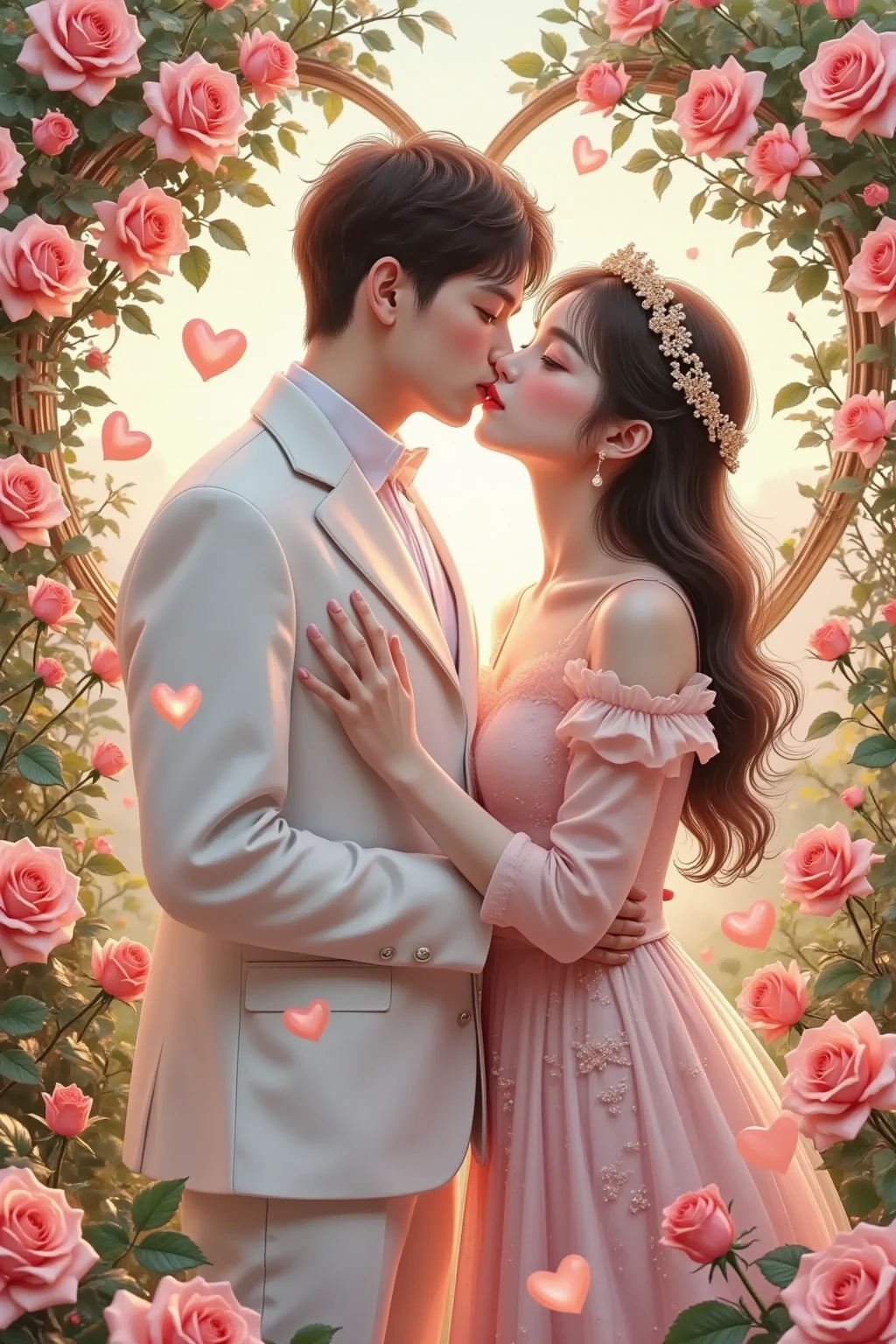 1girl in a wedding dress kissing 1man in a tuxedo, romantic couple in front of heart-shaped frame, rose garden, glowing heart-shaped bubbles, cinematic lighting, soft focus, (best quality,4k,8k,highres,masterpiece:1.2),ultra-detailed,(realistic,photorealistic,photo-realistic:1.37),dramatic lighting,warm color palette,natural skin tones,intricate details,elegant poses