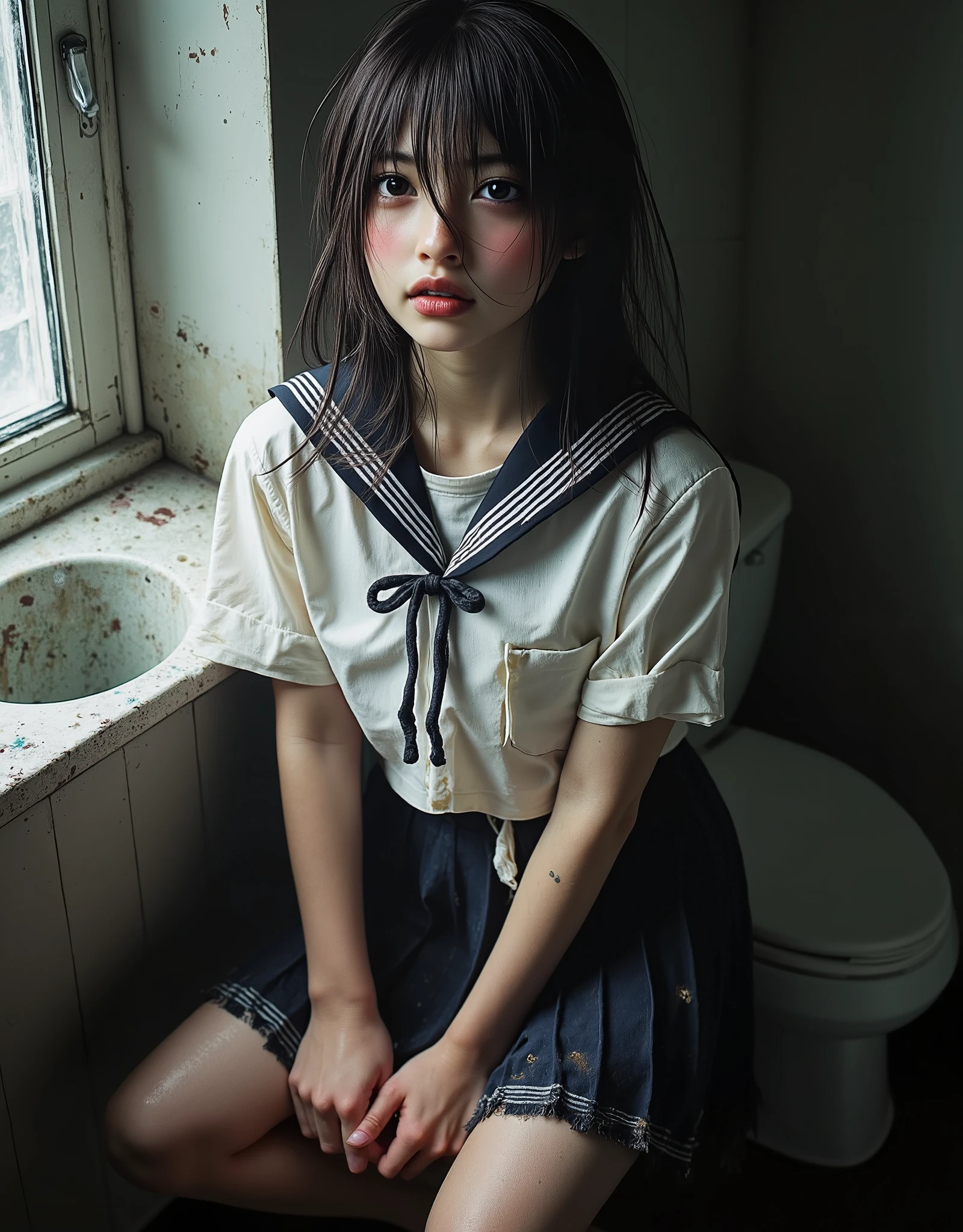 ((Anatomically accurate human structure)), ( Masterpiece: 1.5), ( highest resolution: 1.5), ((( photorealistic:1.8))), Cinematic Light , 32K resolution, detailed facial features , ( sharp concentration: 1.2), ( faces:1.2), perfect style, Acura, absurd, ((( shot in a pretty dirty toilet with an abandoned old washroom on a heavy rainy day))), ((Heavy rain outside)), ( very cute Japanese woman), (( Japanese high school girl)), (( I'm wearing a white short-sleeved sailor suit with a navy blue collar from a Japanese high school)), ((( white short sleeve sailor suit with dark blue collar that is dirty and torn from sweat and mud:1.8))), (((A light blue scarf in a uniform stained with sweat and mud ))), ((Dirty, torn, stripped navy blue flared skirt)), (( humiliated and humiliated, dark expression distorted with sorrow :1.5)), (( feeling embarrassed and excited and ecstasy :1.2)), (((Face, hair and body stained with sweat and mud:1.8))), ((dark and insidious atmosphere )), High-definition face and realistic skin texture, beautiful brown eyes,Delicate, realistic eyes,Long, even eyelashes, Thin, realistic eyebrows, catchlight in the eyes , natural blush, growing skin, Glossy, realistic lips, Exposed chest, soft breasted, wet breast, (White semen ejaculated onto the chest and thighs:1.2), dripping semen , かなり sweaty, Messy, torn, stripped sailor uniform, red cheeks, very embarrassing humiliating expression , With an uneasy expression, crying expression , tearsを流している, very embarrassing looks , anger, sorrow, tears, Open your knees, open legs, Dirty white underwear, dirty necklace , messy dirty clothes , exposed dirty white panties , exposed dirty white Bra , sweaty, Thin underwear , dirty and torn black stockings , woman with a clean and tidy face , 1 girl, upturned chest, dark brown hair , (白色の Japanese high school girlのセーラー服:1.2), pretty disheveled black hair short hair , stare at me, sexual action, pretty old dirty toilet , dirty toilet sink, pretty dirty toilet , The urge to masturbate , ((Being made to open my mouth and fellatio )), ((Dark movie atmosphere))
