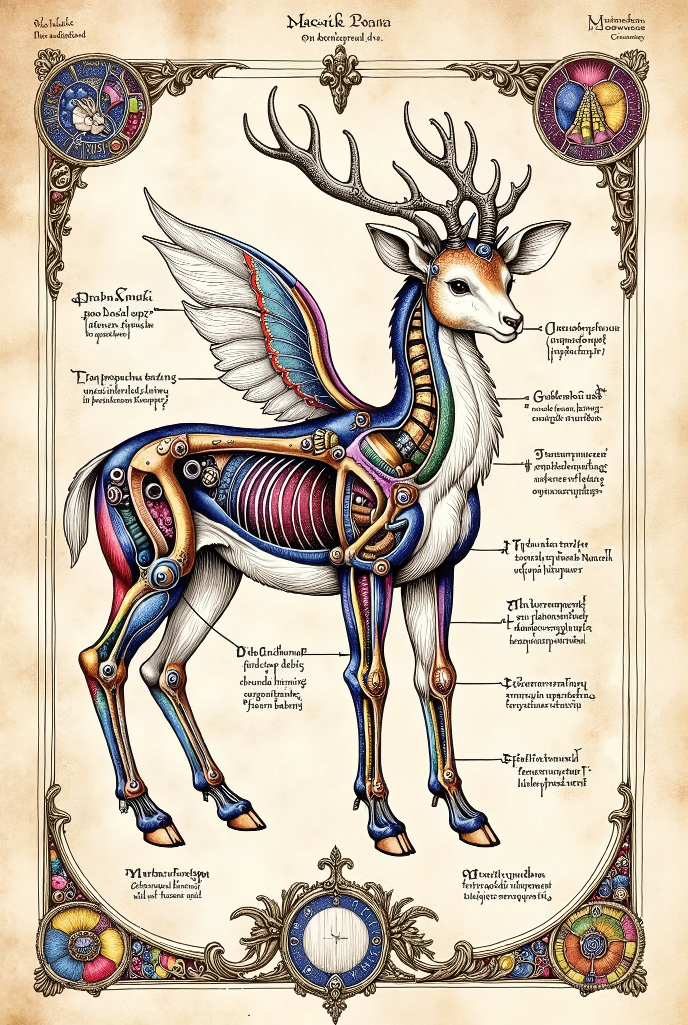Medieval Illuminated manuscript style artwork, colorful ink pen linework, ((textbook illuminated manuscript page)) of labelled anatomical drawing of ((mythical fantastical dreamland woodland fae creature))