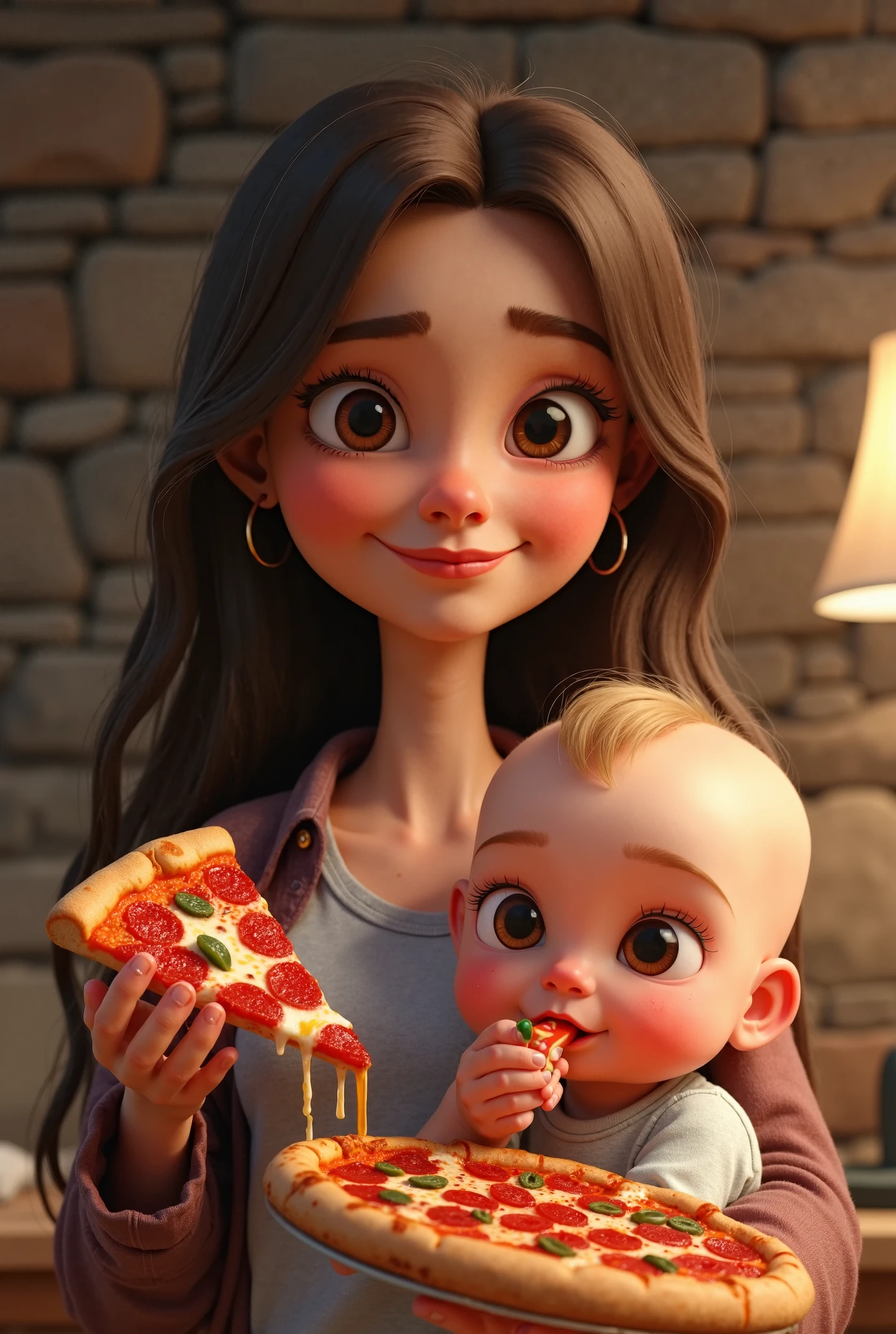 No estilo capa da Pixar, A 40-year-old woman feeding her daughter who is wearing a brown hair bow.