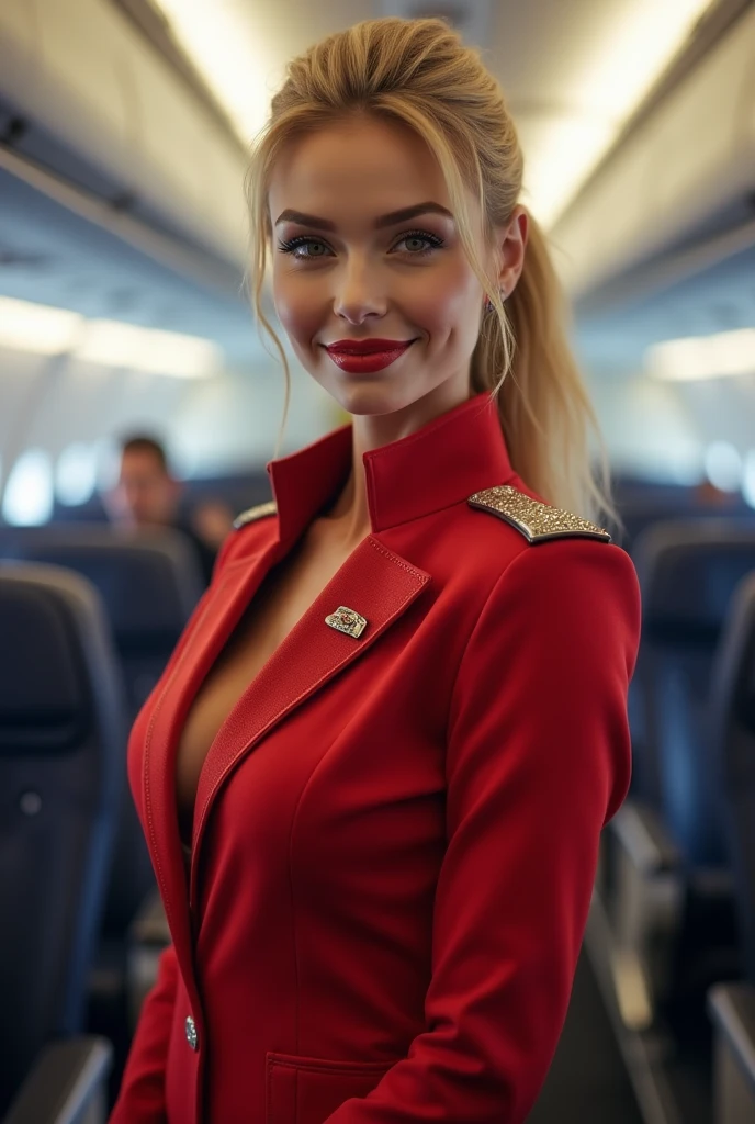 Petite blonde, realistic, sexy flight attendant uniform, onboard ...