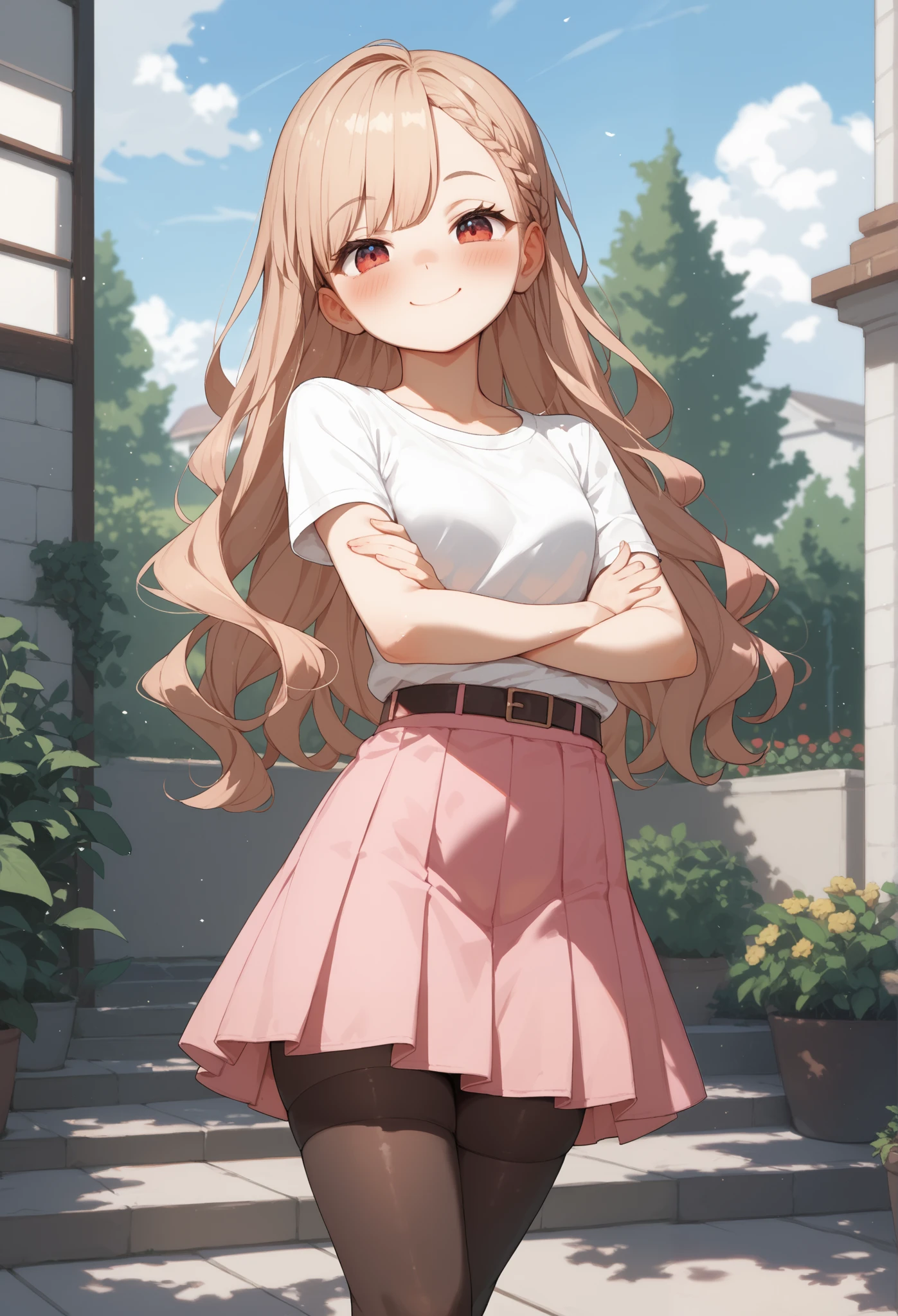 Anime girl in a pink skirt and white shirt standing in front of a ...