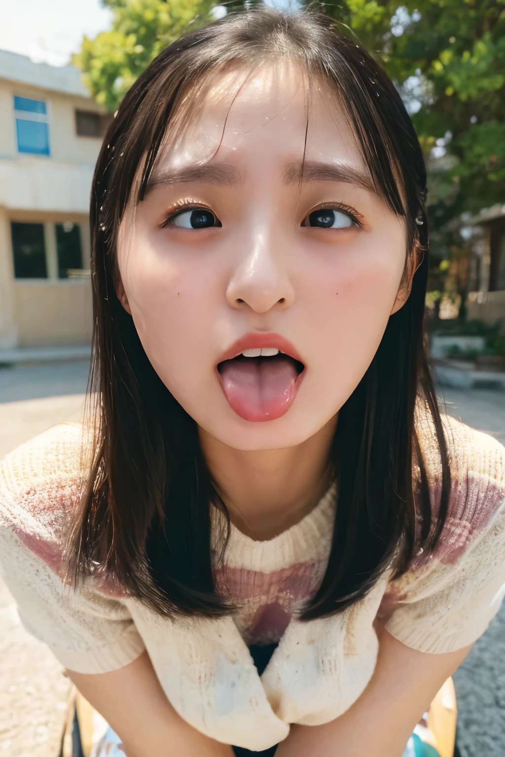 one woman, Korean idol, anguished face , (She opens her mouth wide:1.6), furrows are between her eyebrows, (POV:1.2), composition looking down on her, Random outdoor locations, Close-up of face , masterpiece, highres, high-resolution, 8k,8k portrait , realistic, RAW photo, real person, portrait photography, photo realistic, detailed skin, (best quality, Ultra detailed: 1.2),