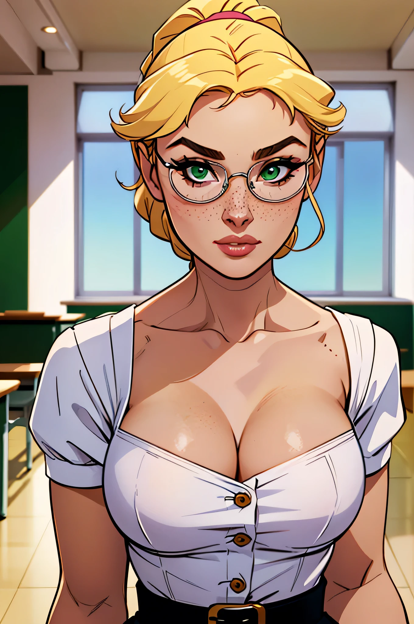 ( absurd, High Quality, Ultra Delicate, be careful with your hand) Close-up of a skinny and curvy woman, athletic, 25 years, 8k ( High Definition), thoughtful face, Seductive look, green eyes, nose fine, teacher wearing white dress shirt ((V-neck, buttons, short sleeves )), discreet belt on the skirt , herself wearing glasses, arms positioned on the sides of the body, white skin, blond hair ((long with braided ponytail )), standing ((Close on the upper body )), with freckles on your chest and neck , (( large, round breasts )), (( Well defined collarbone )). Marvel style (( High Quality)), classroom in the background .