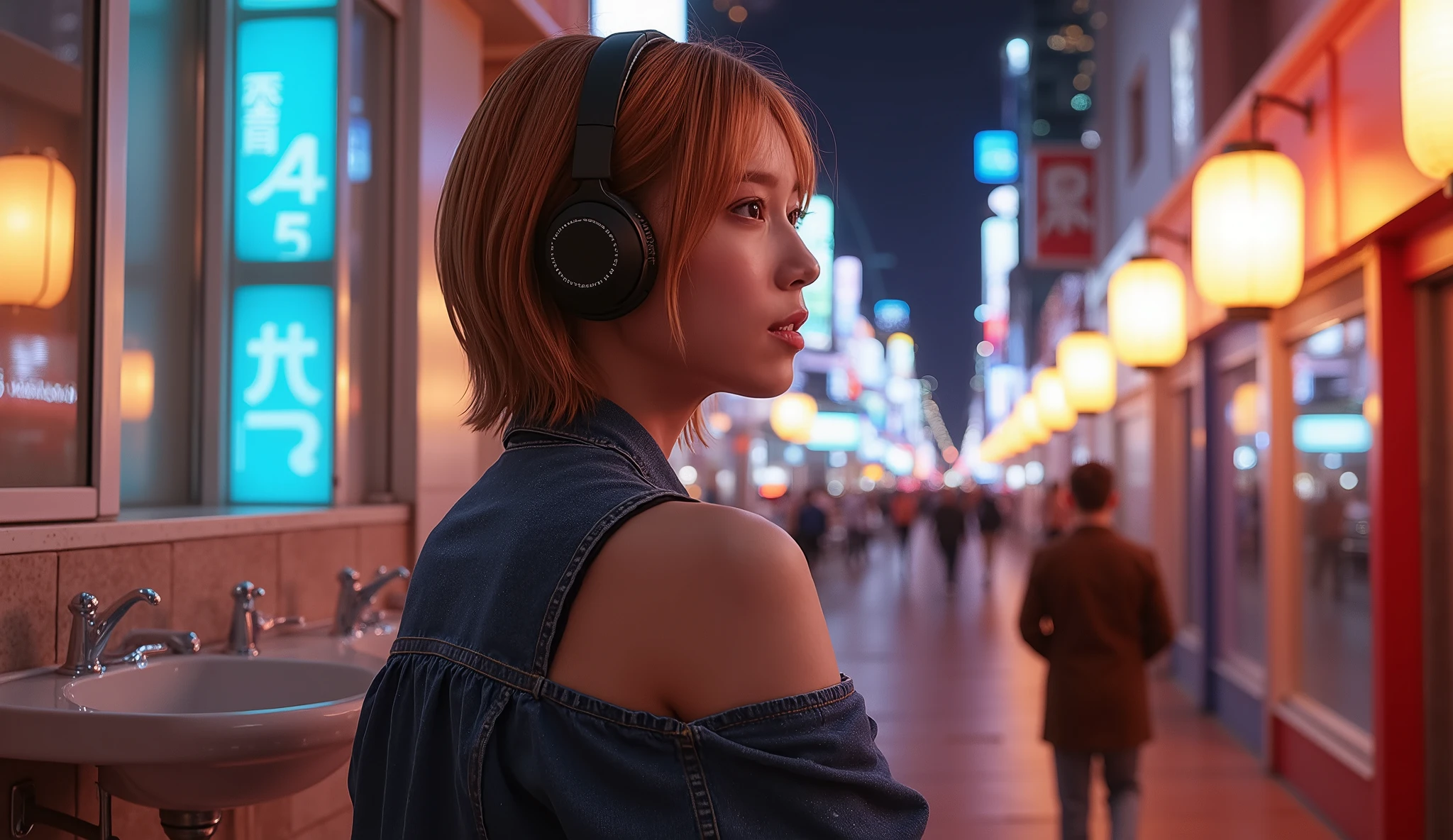 whole body、 low angle、Denim jacket、 beautiful collarbone、美しいprofile、The best photos for TikTok、 Lantern、 sink、profile、golden inner color hair、 short hair、Beauty、 dynamic angles 、ヘッドフォンをしているBeauty、Night city background with neon lights
