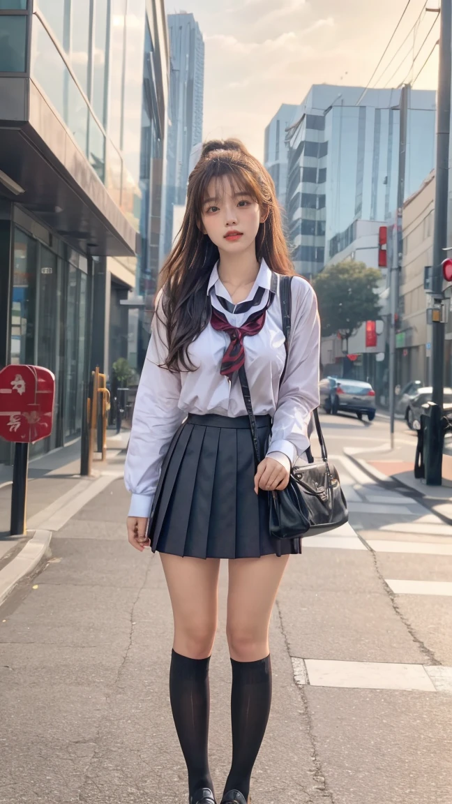 lisa blackpink wearing korean school girl uniform, beautiful face, perfect face, glowing face, pink lips, red cheeks, looking at viewer, full body portrait, long legs --auto --s2