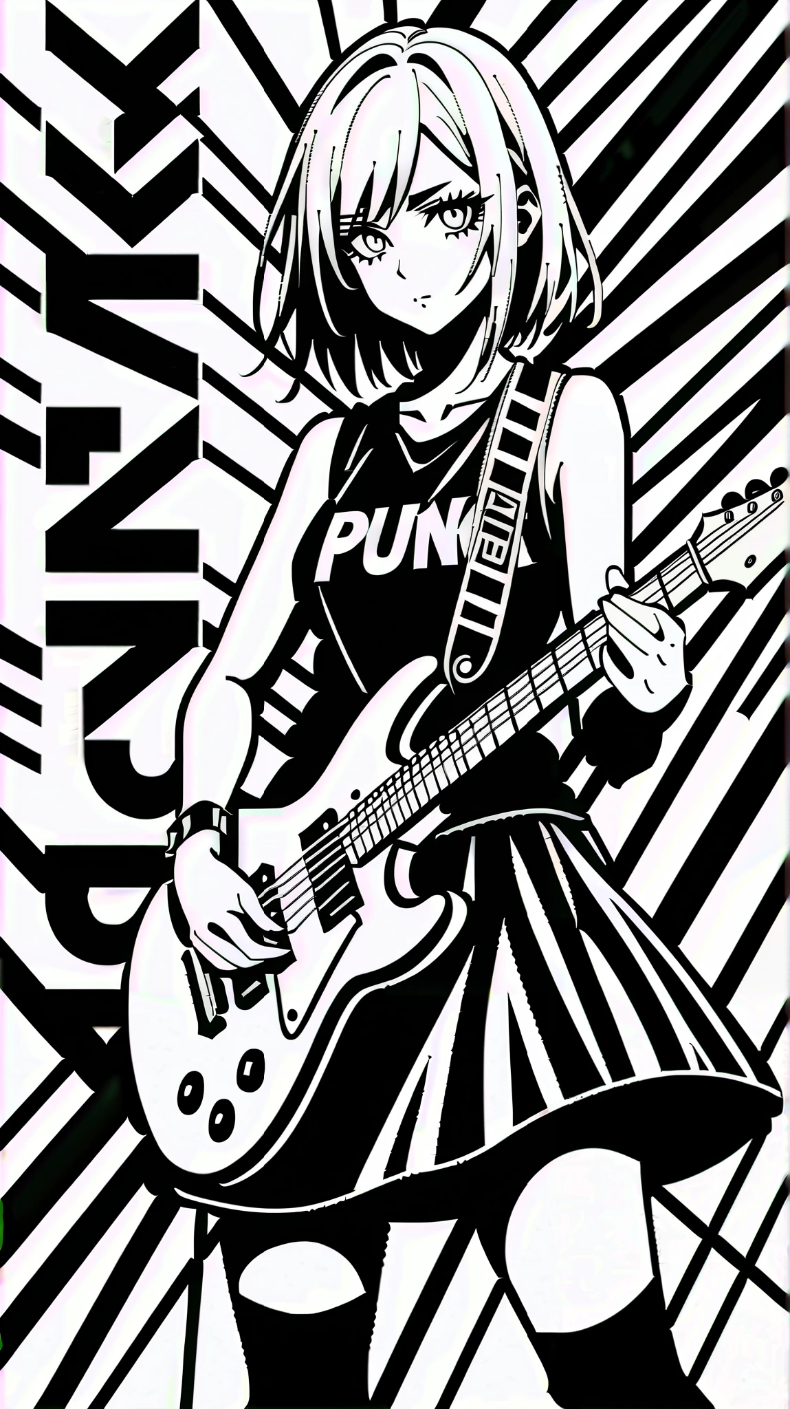 Punk girl with mohawk style hair style black and white comic books playing guitar