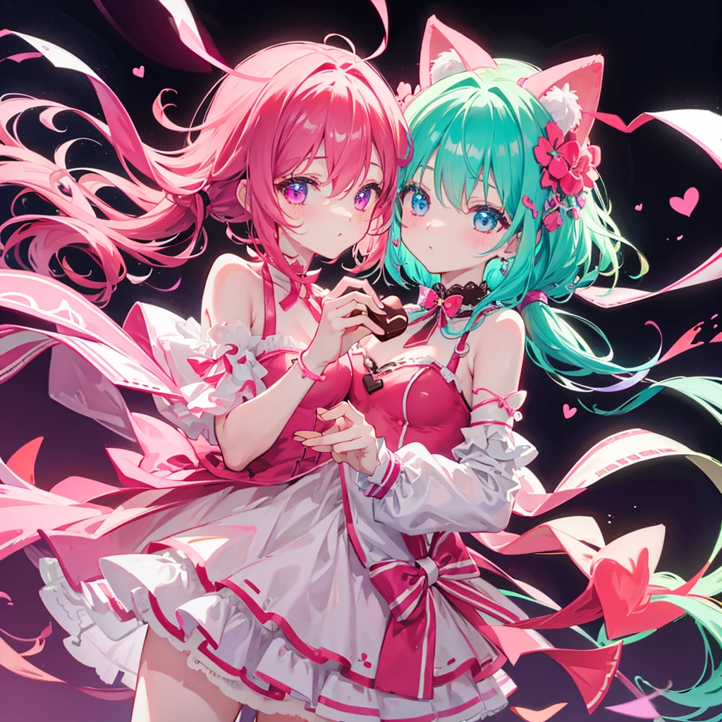 (( Pink emerald green hair color)), pink eyes,sexy woman, cat ears, hearts, floating hearts, face only,  long hair, smiling, hair ornament, up close face, closed mouth smile, up closeface, hair bows, sexy body 